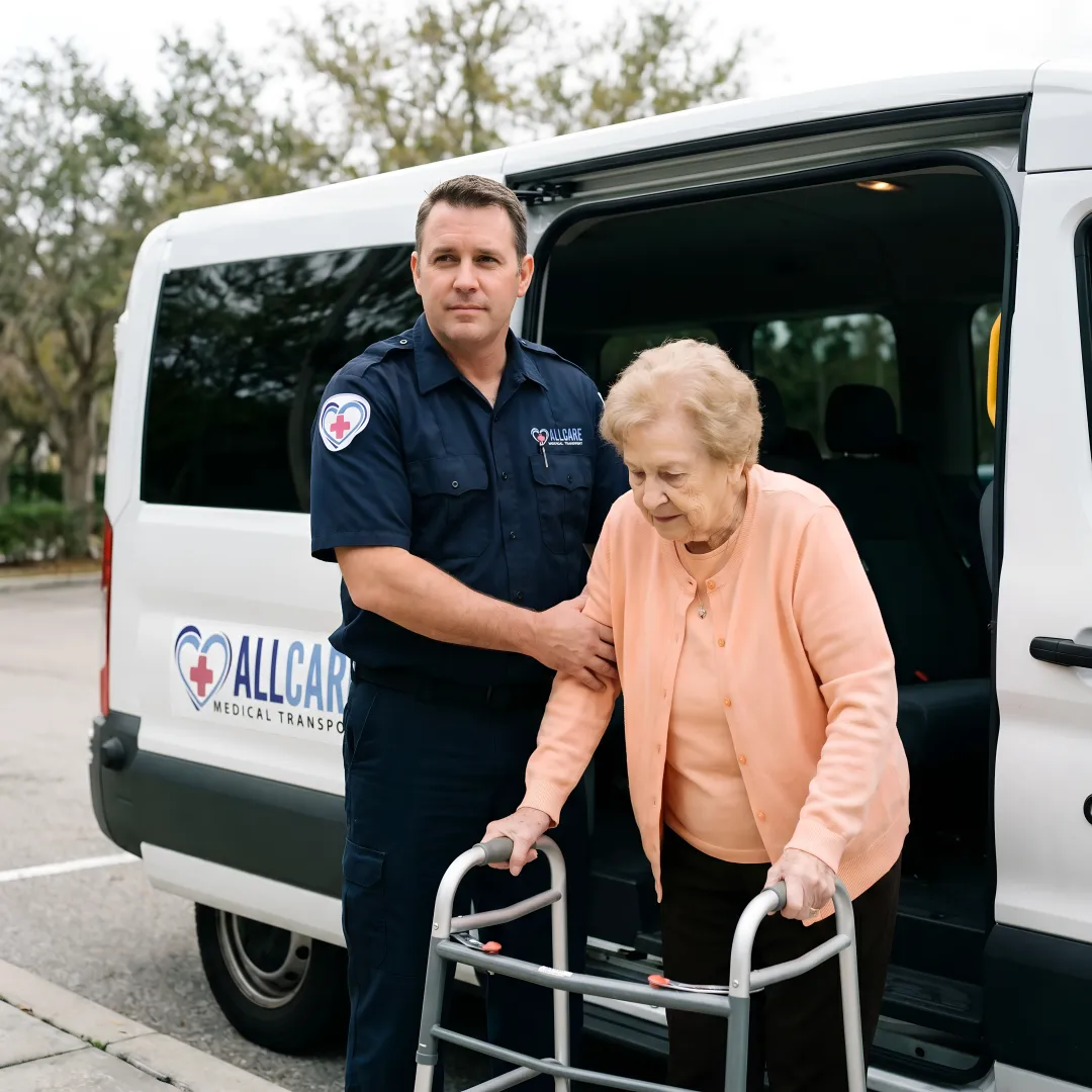 Senior patient receiving gentle assistance from NEMT driver