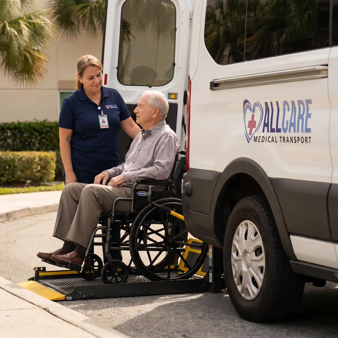 Wheelchair accessible van with hydraulic lift assisting passenger in wheelchair