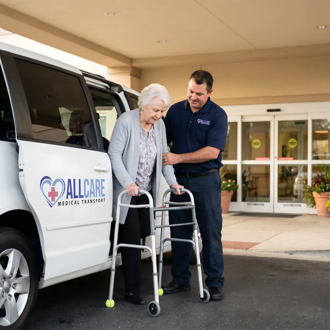 Friendly transport specialist helping senior patient exit medical transport vehicle at doctor's office