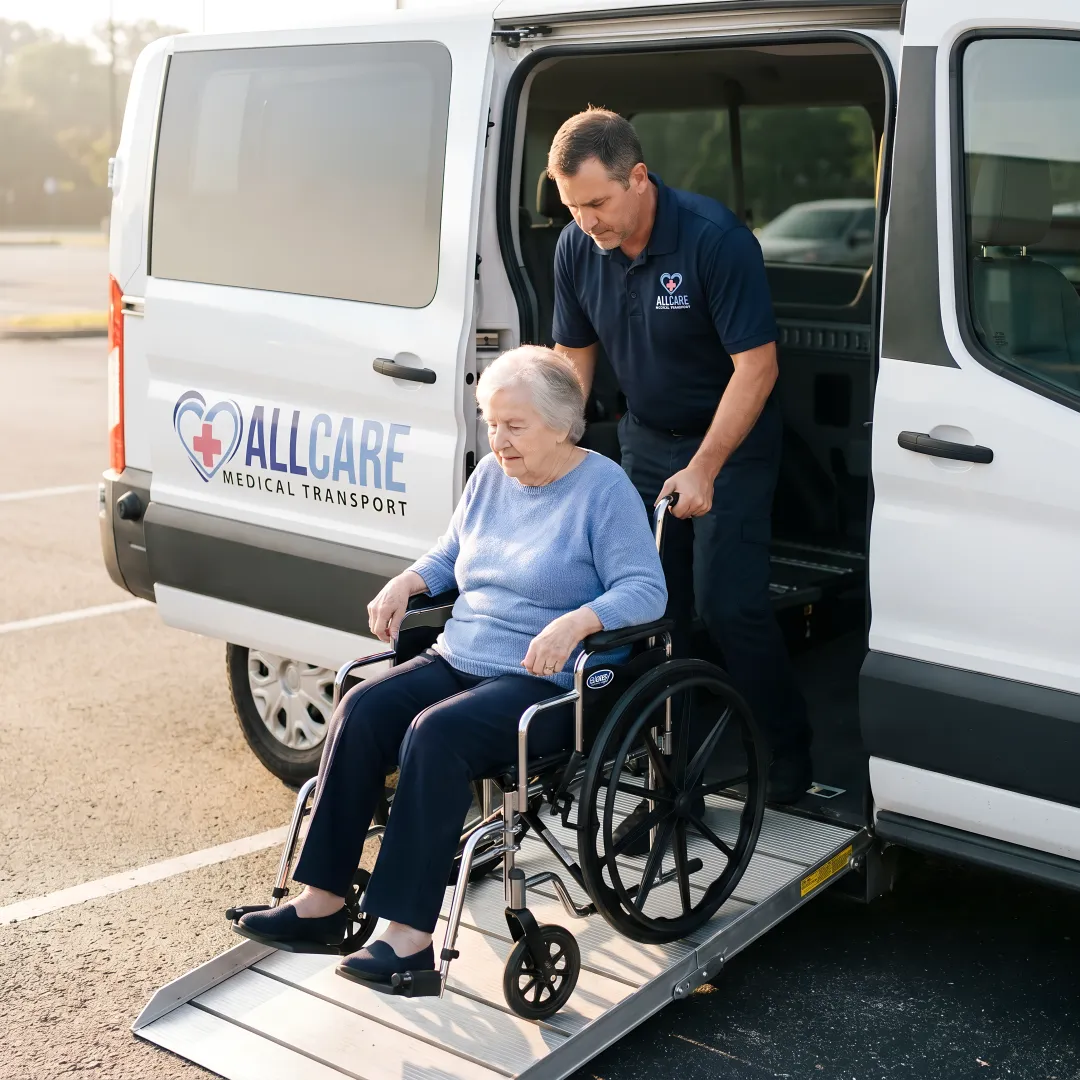 Medical transport specialist assisting senior patient with wheelchair into modern accessible vehicle