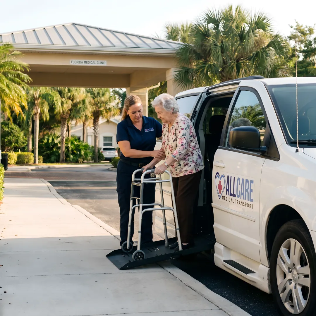 Senior citizen being assisted into medical transport vehicle by certified professional driver