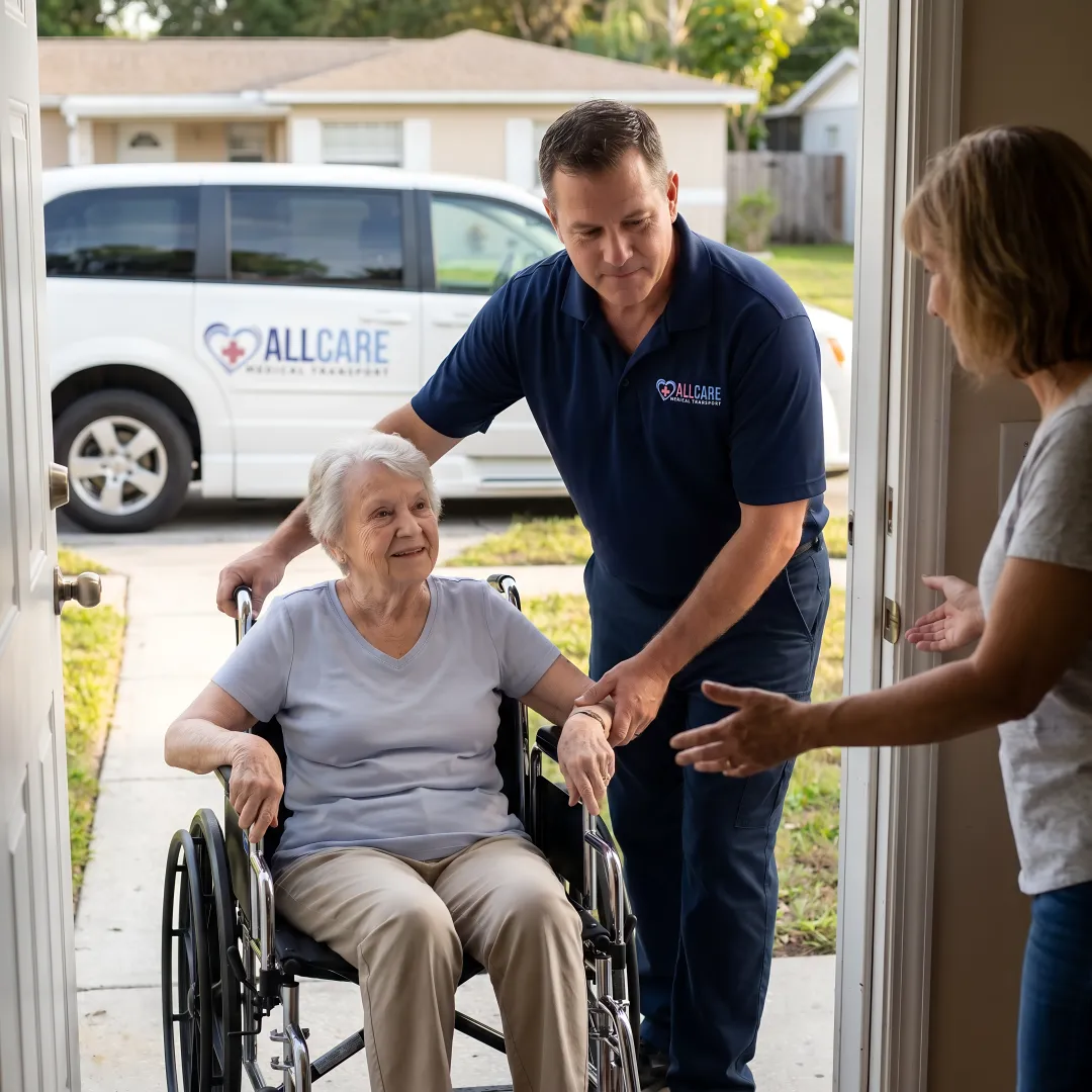 Medical transport specialist assisting elderly patient into home after hospital discharge
