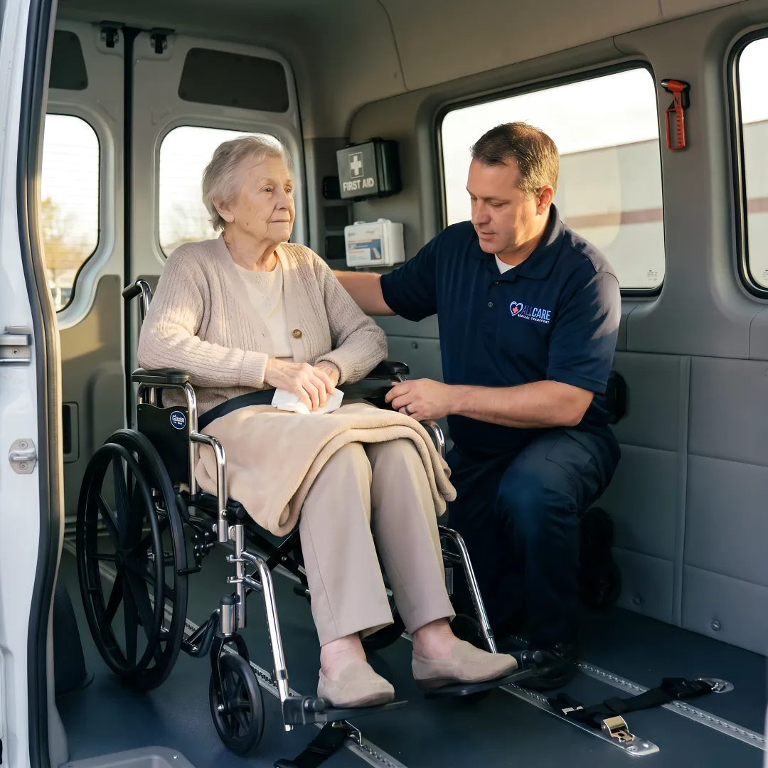 Senior passenger smiling comfortably inside wheelchair accessible medical transport van