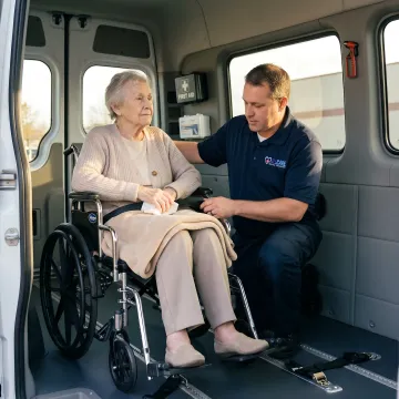 Senior passenger smiling comfortably inside wheelchair accessible medical transport van