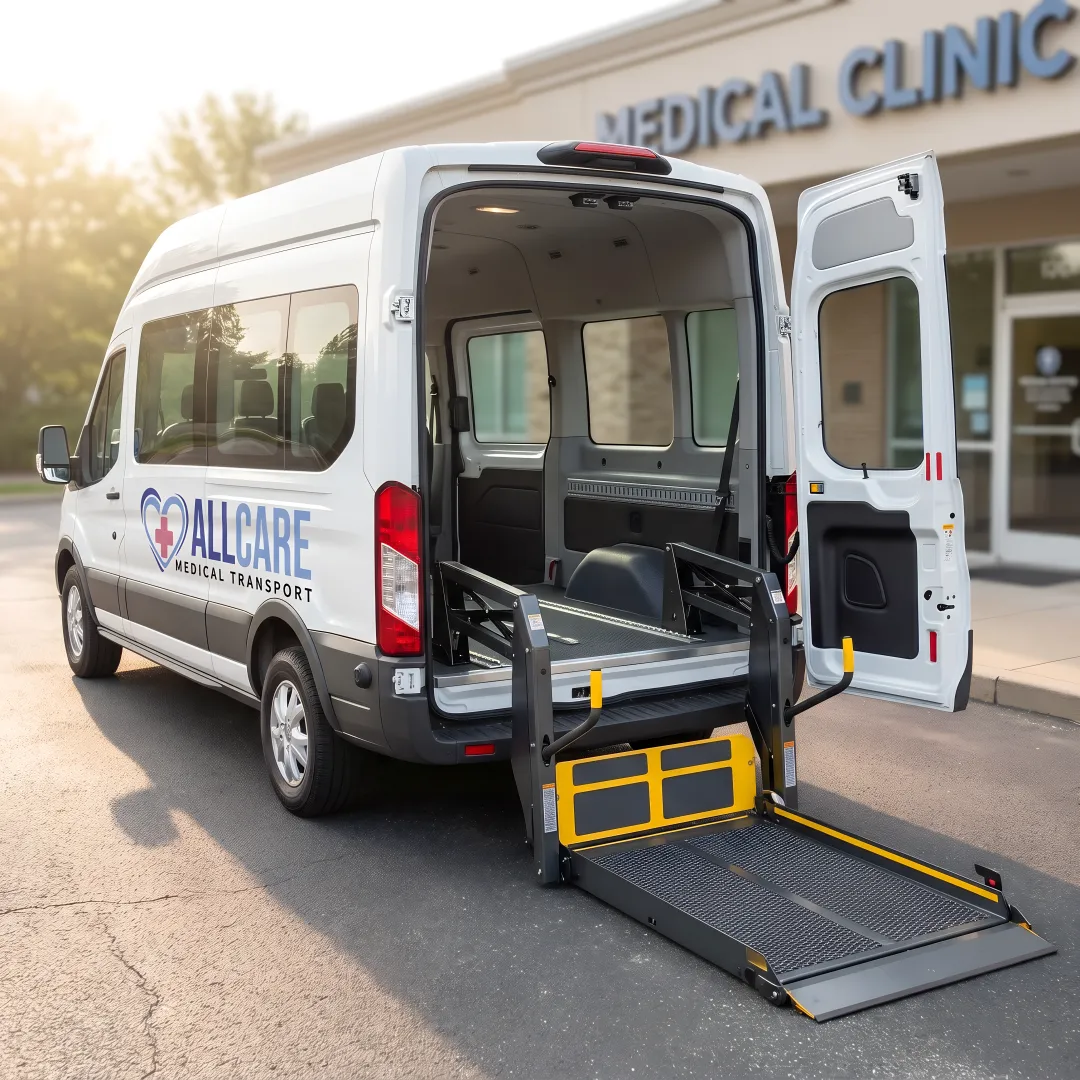 Wheelchair-accessible medical transport van with lift deployed for patient boarding