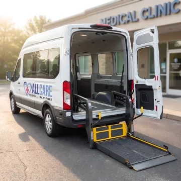 Wheelchair-accessible medical transport van with lift deployed for patient boarding