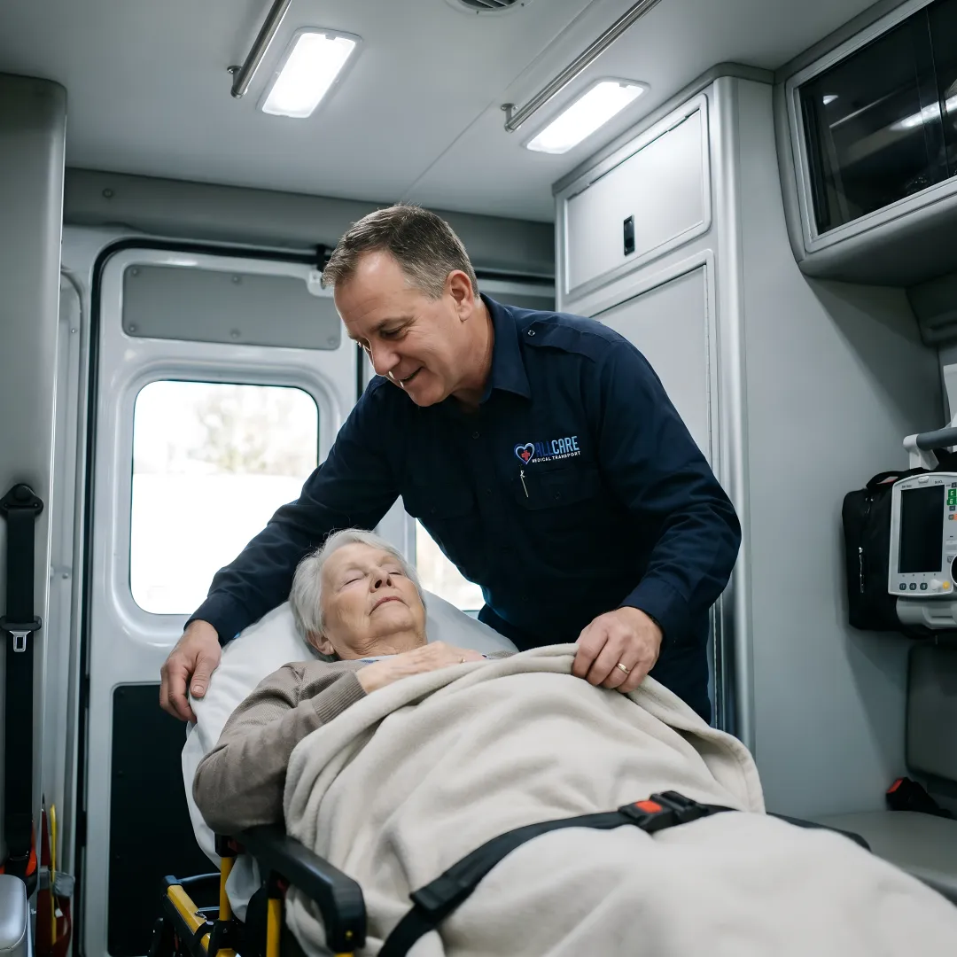 Certified medical transport specialist assisting patient on stretcher with care and professionalism