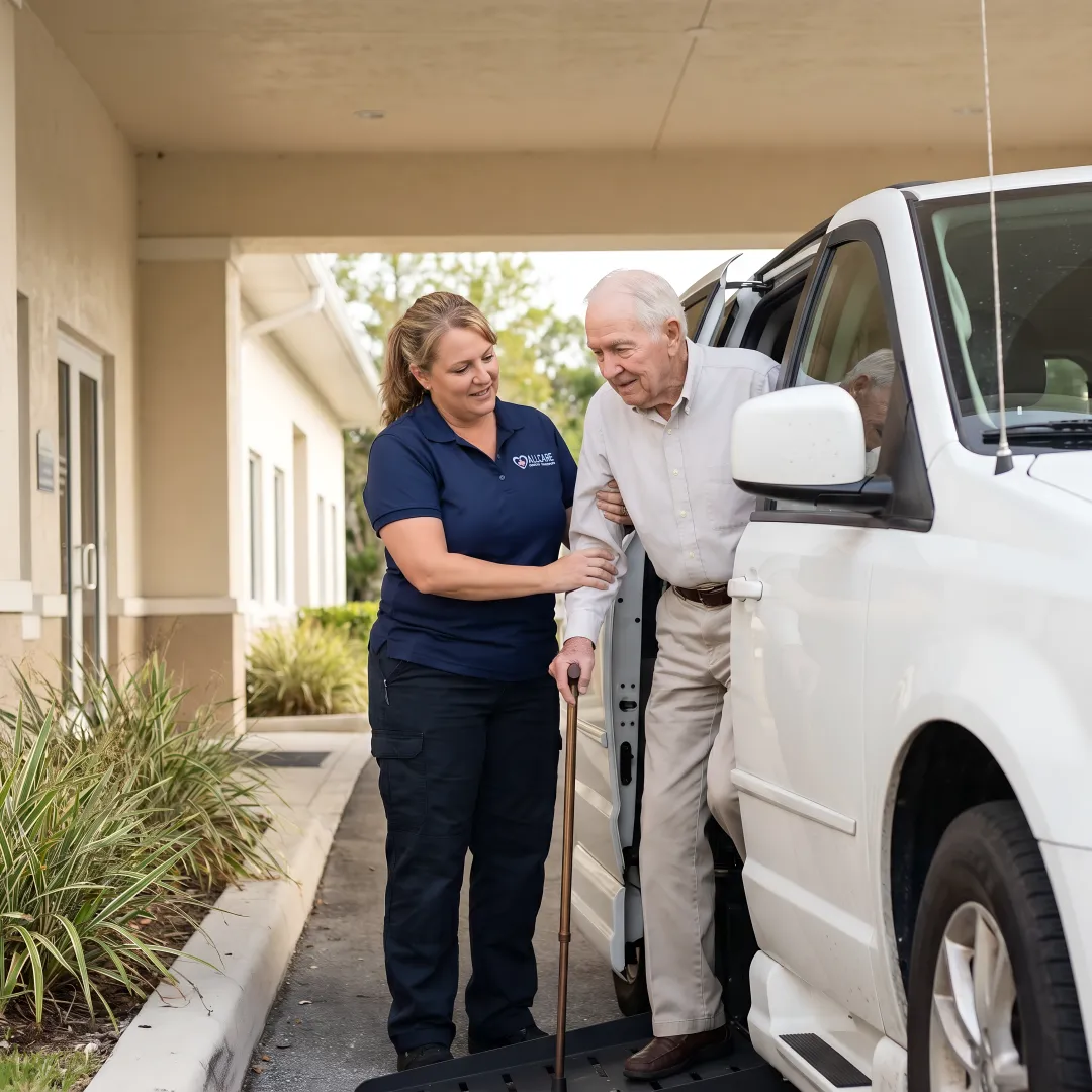 Compassionate medical transport specialist assisting elderly patient into comfortable transport vehicle