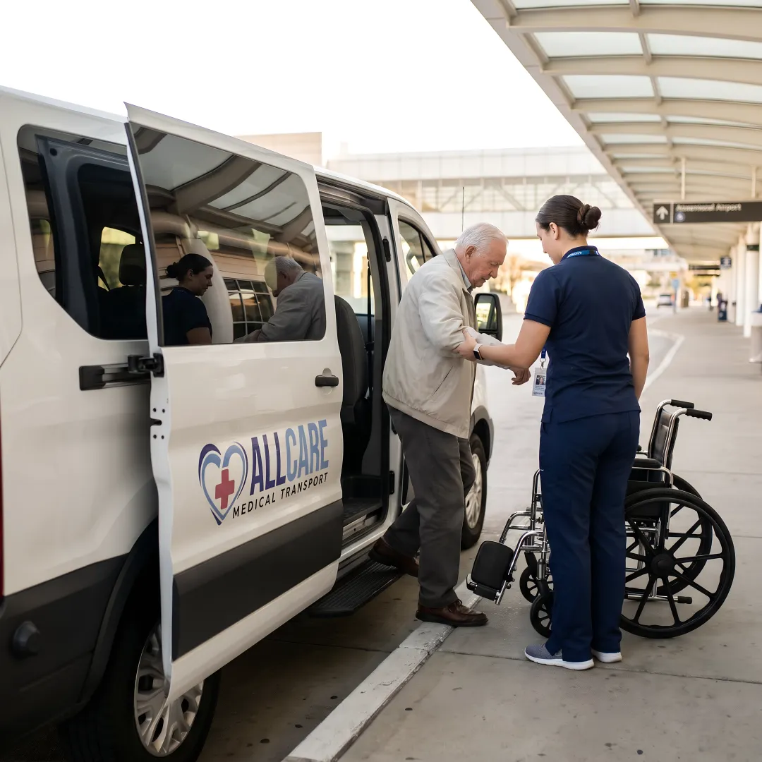 Medical transport specialist assisting passenger at airport