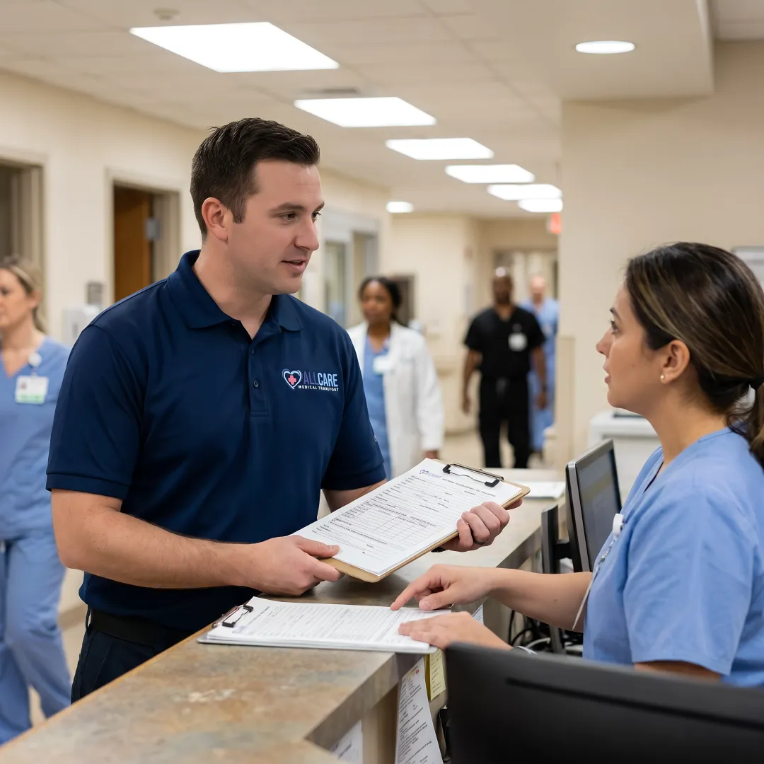 Medical transport specialist reviewing patient discharge paperwork with hospital staff