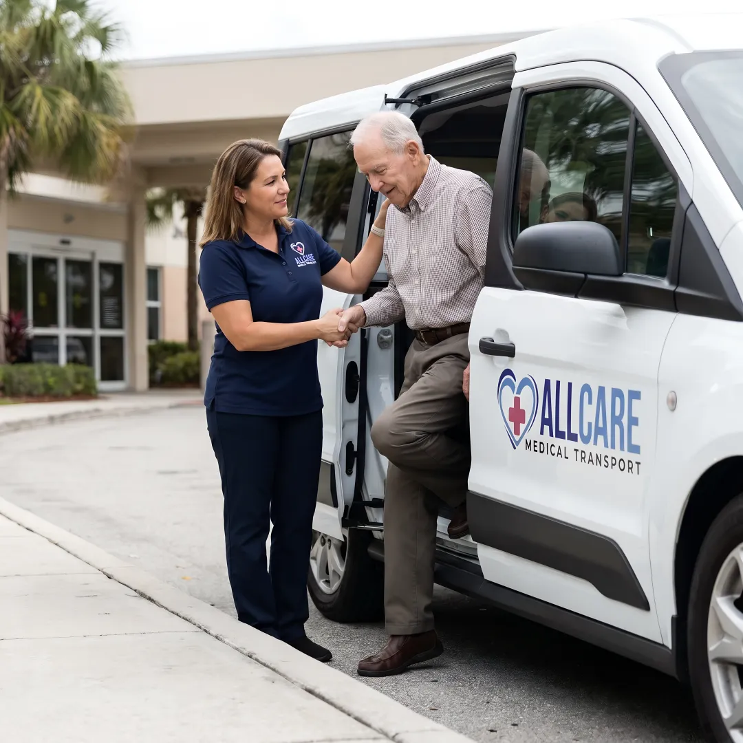 Senior woman smiling while being assisted by caring medical transport driver
