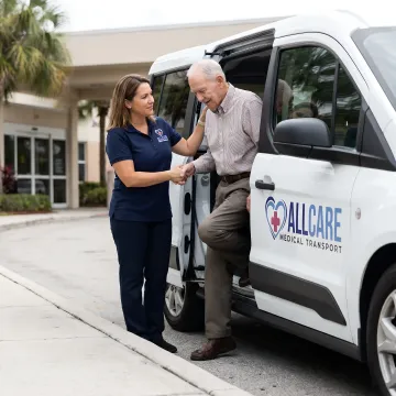 Senior woman smiling while being assisted by caring medical transport driver