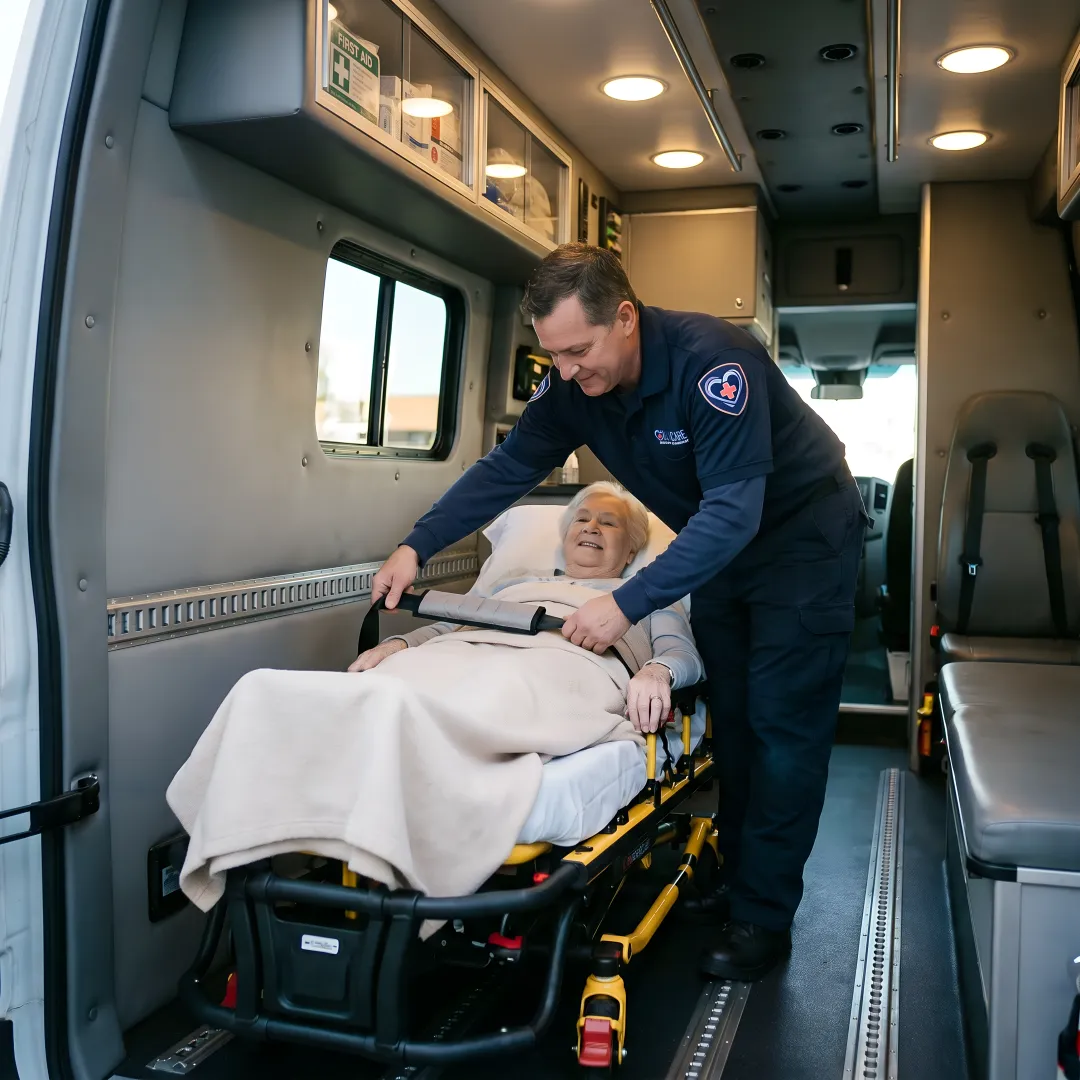 Medical transport specialist securing patient on stretcher in specialized vehicle