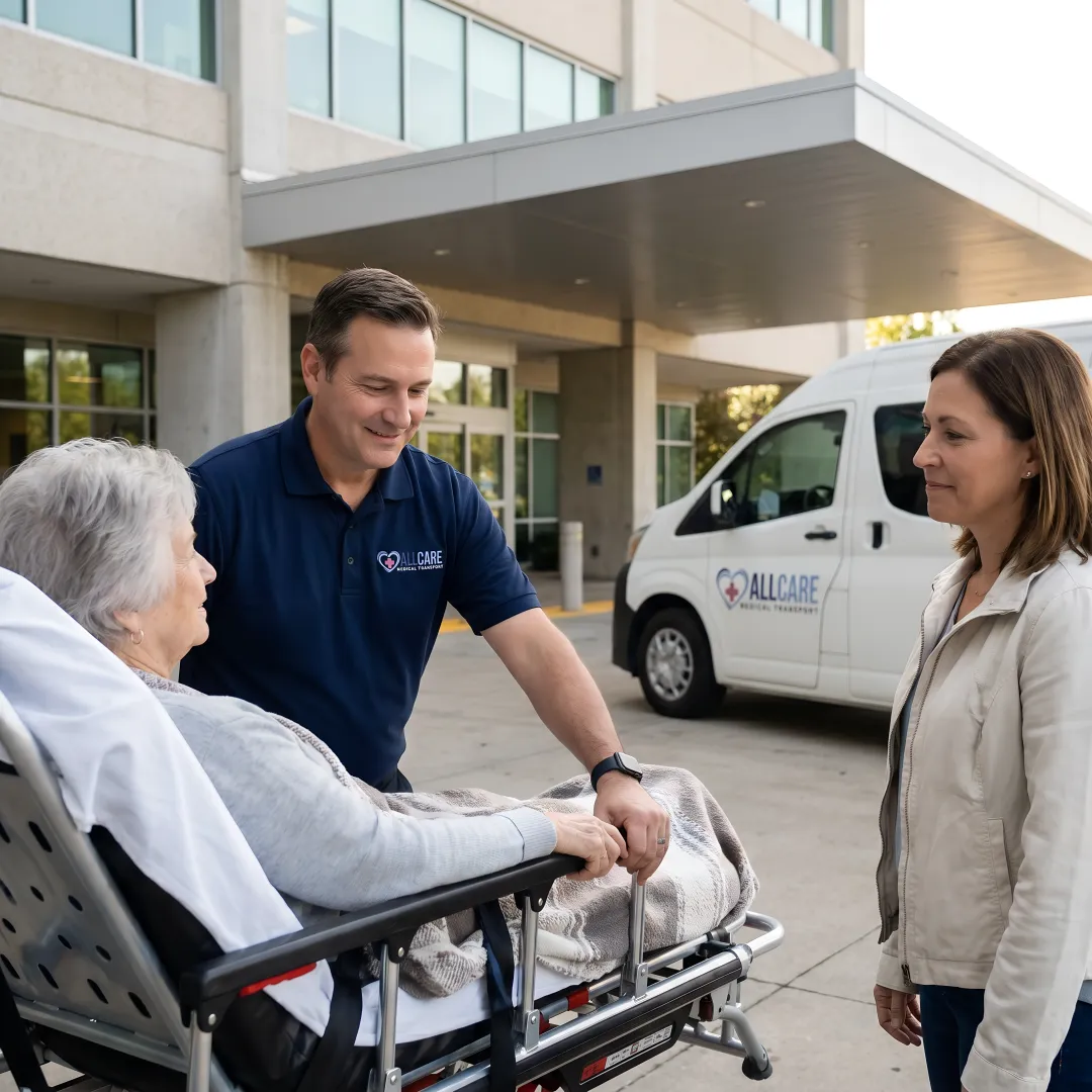 Medical transport specialist assisting patient from stretcher at medical facility