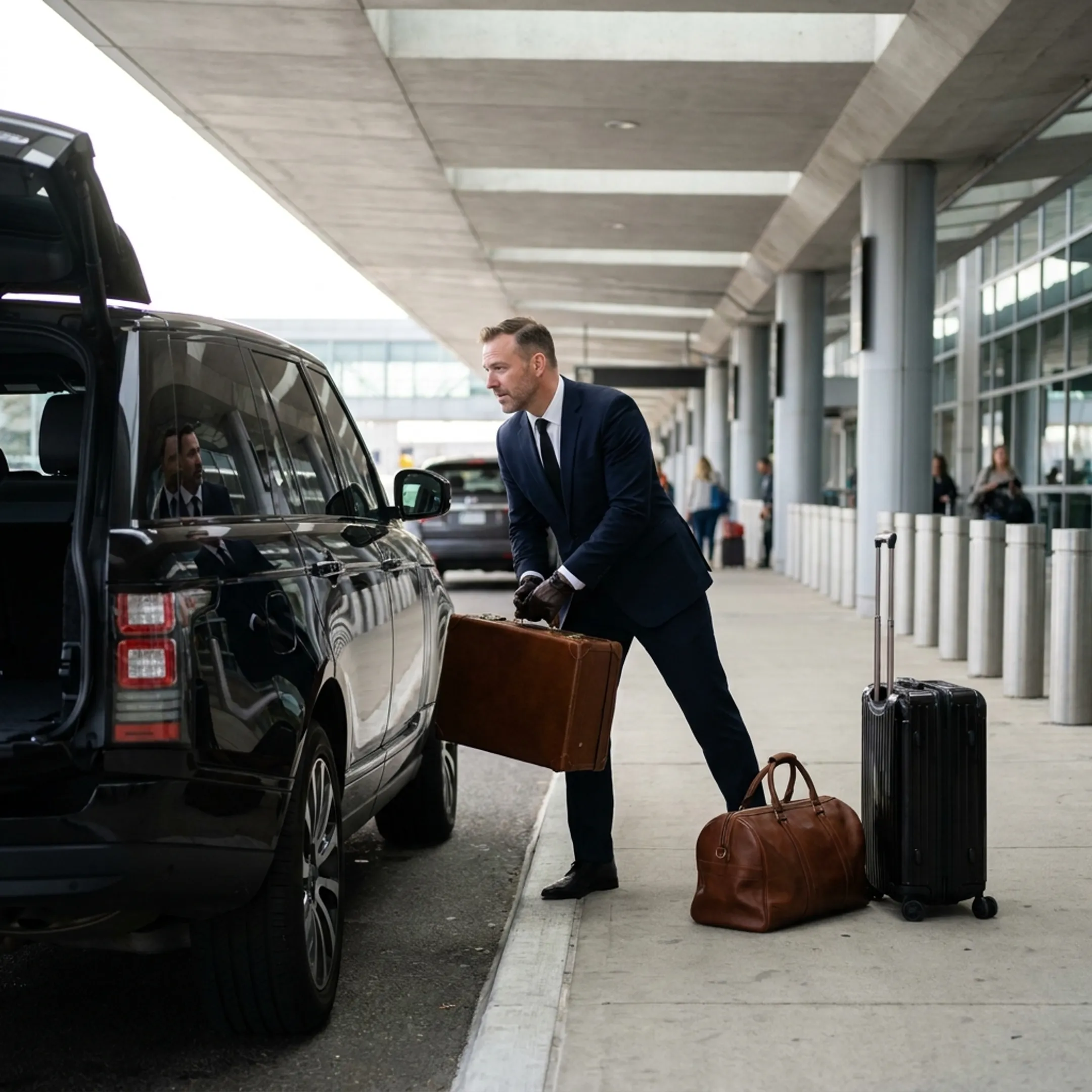 Professional chauffeur assisting a passenger with luggage near an airport terminal
