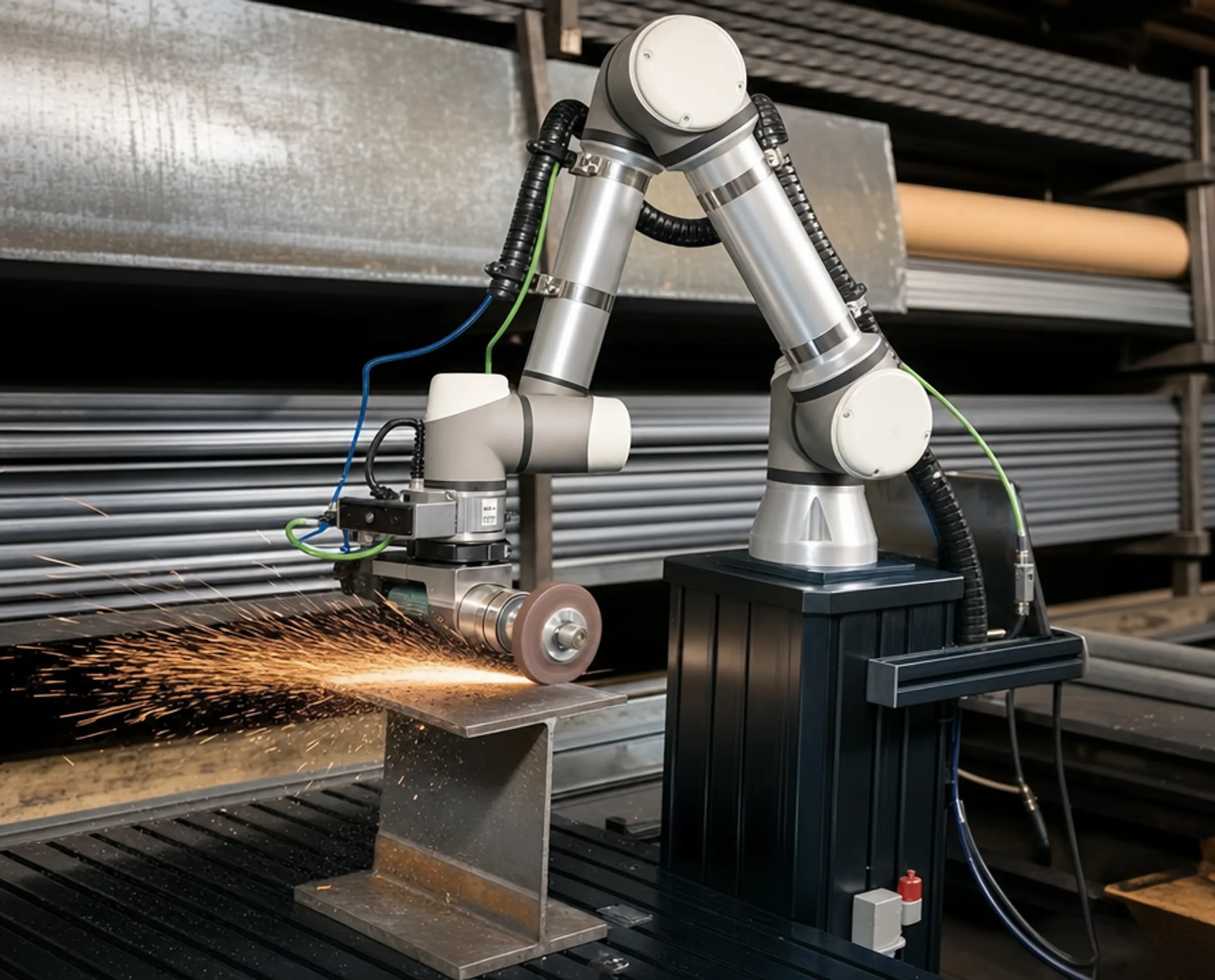 Robotic arm performing automated grinding and deburring on metal part