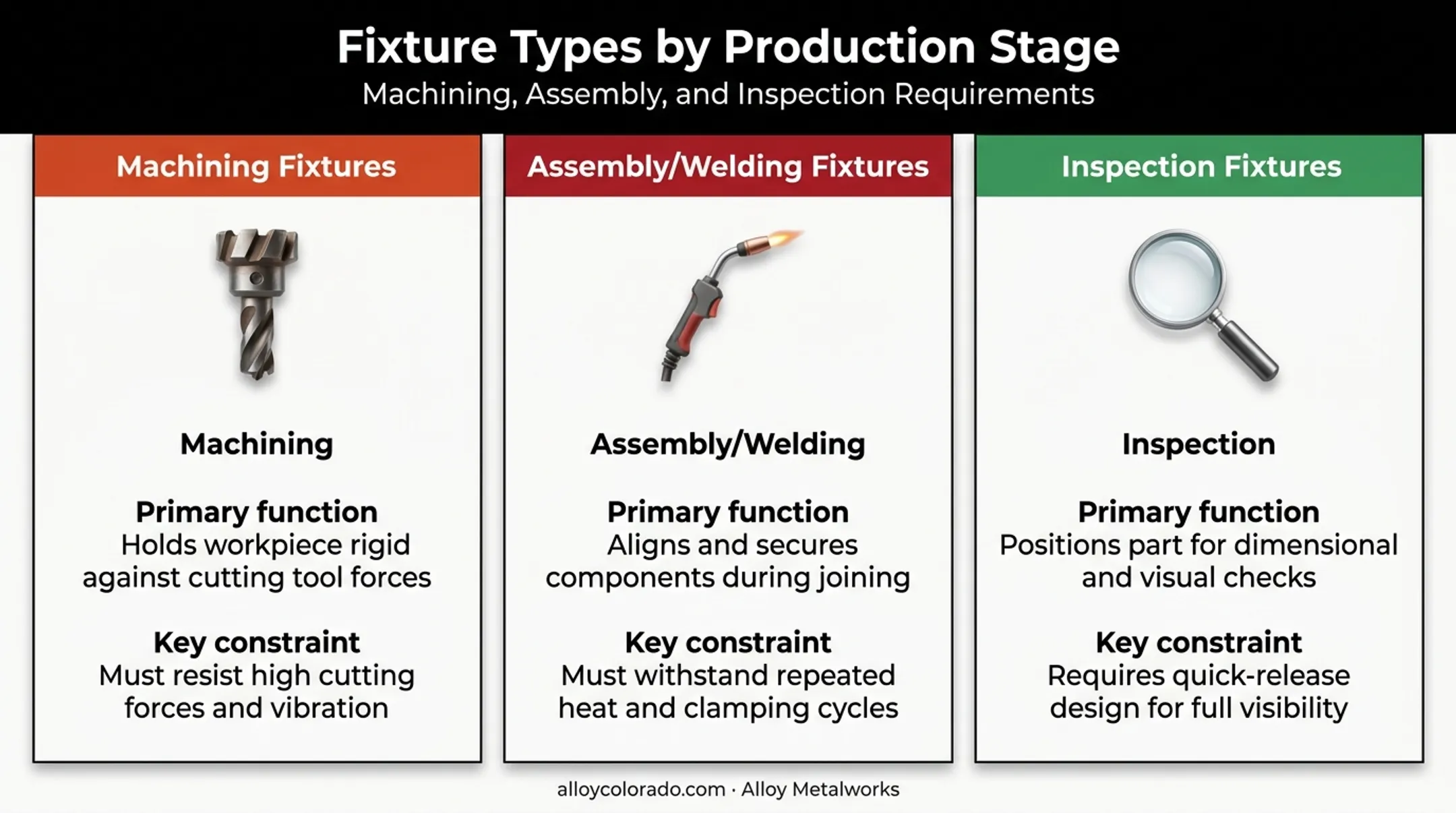 Three fixture categories comparison across machining welding and inspection stages