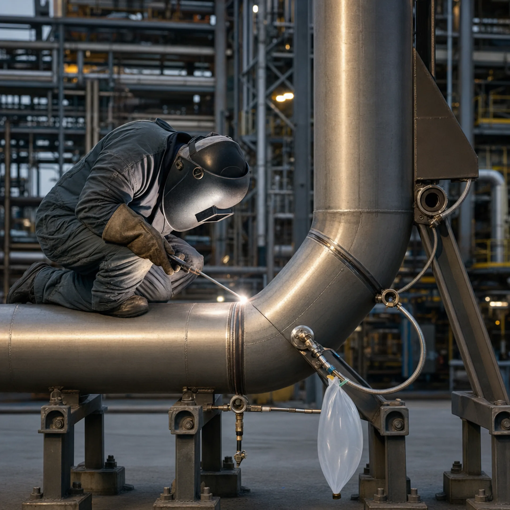 Pipe welder performing 6G fixed position weld on process piping