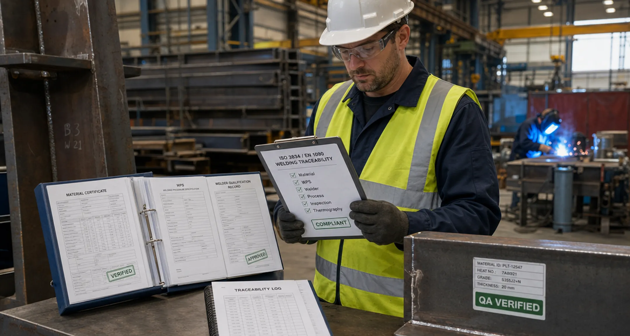 Certified welding fabricator audit process reviewing documentation and traceability records