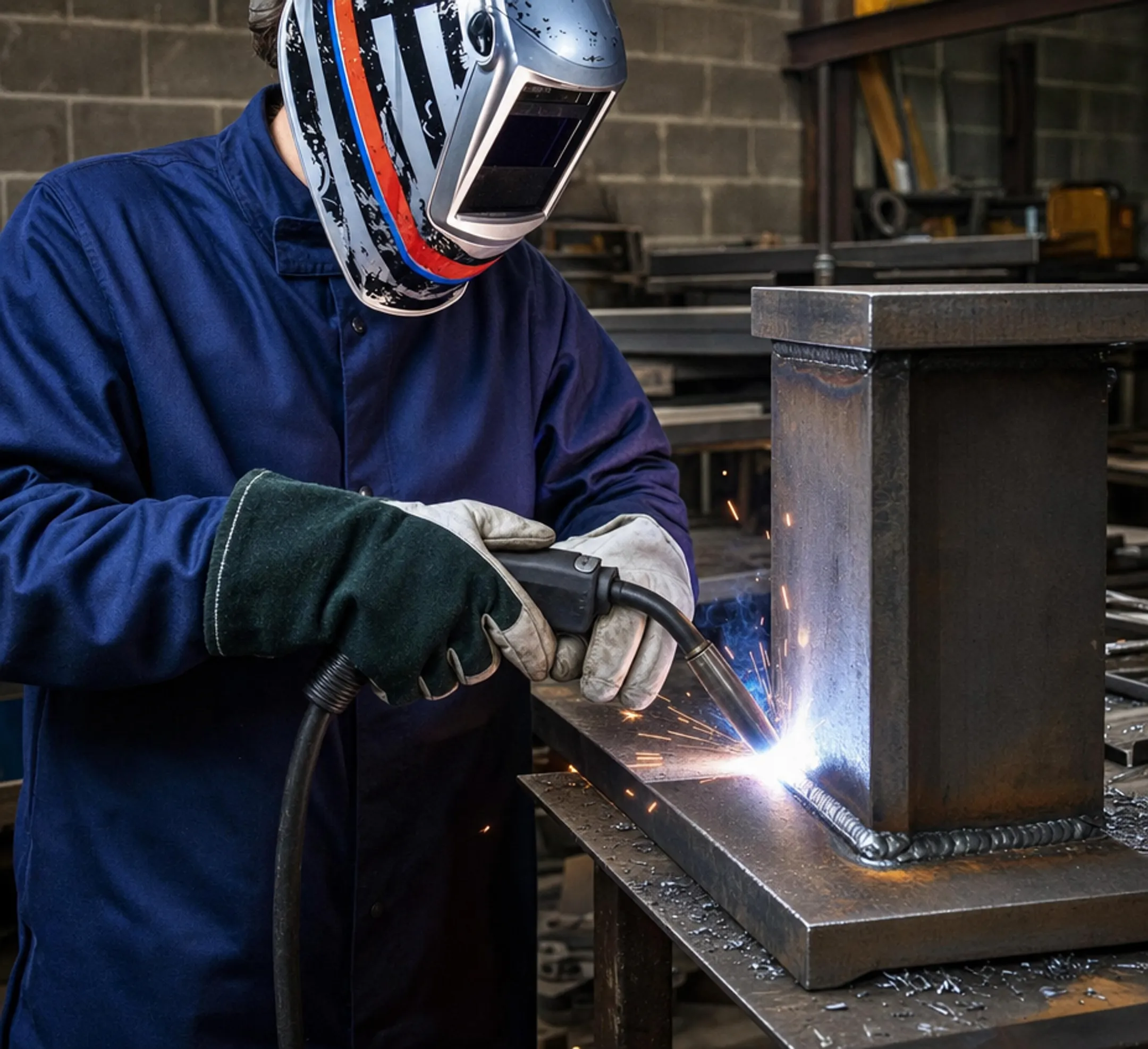 Welder performing MIG welding on thick carbon steel plate joint