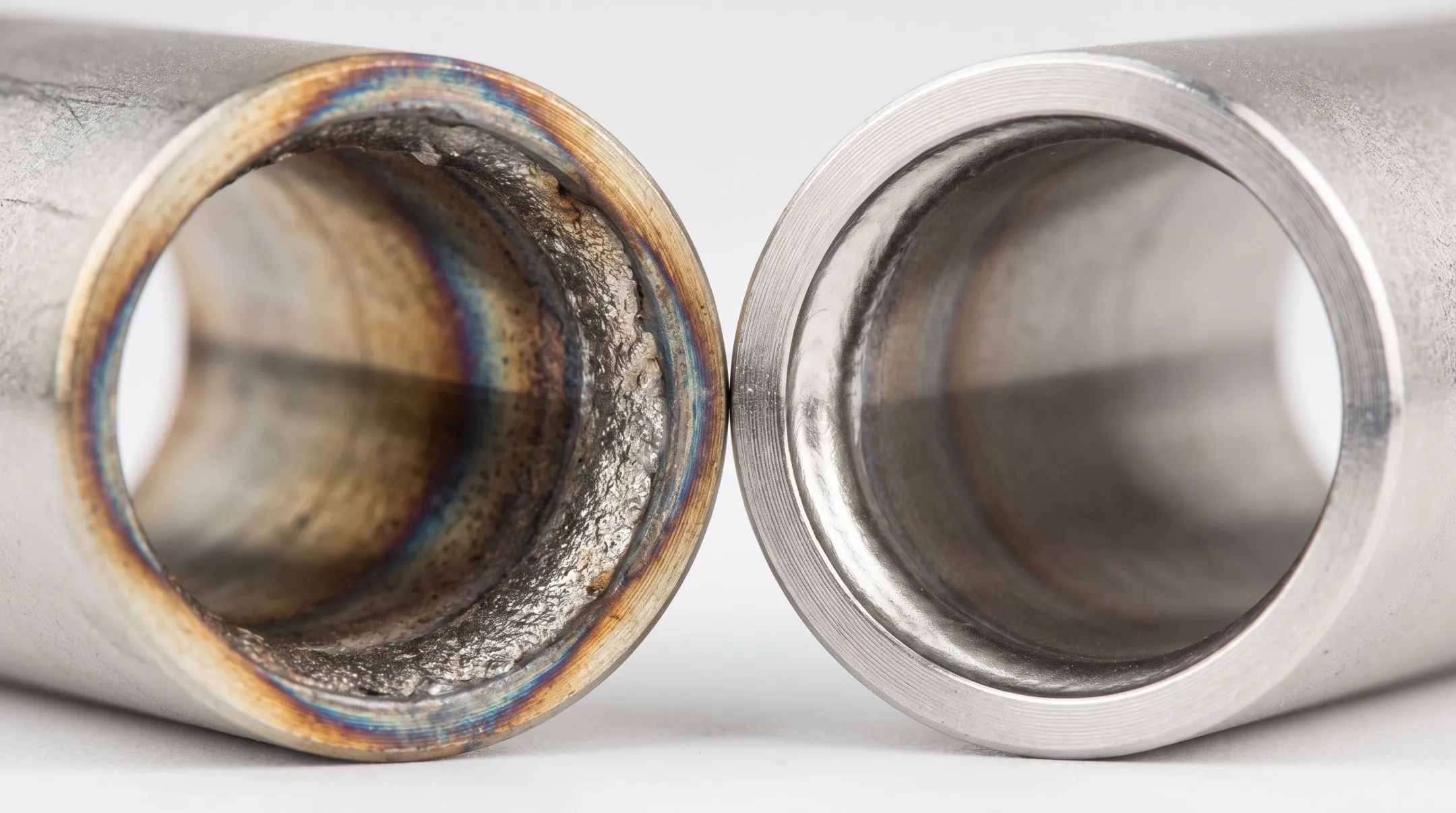 Stainless steel tube weld joint showing clean versus oxidized sugaring comparison