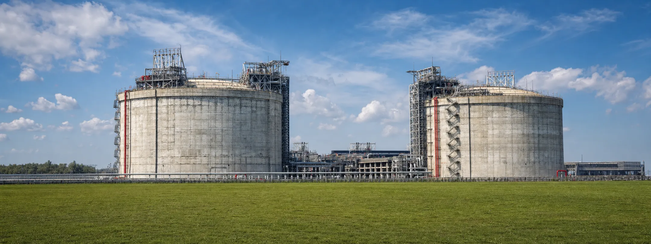 LNG storage tank facility with cryogenic pressure vessels in industrial setting