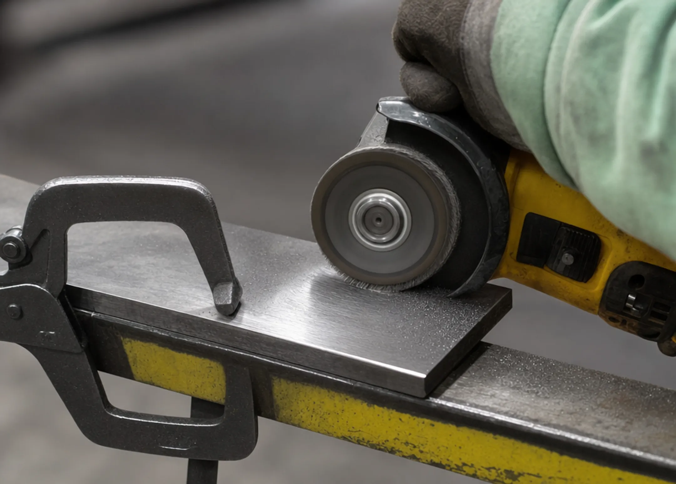 Welder preparing metal surface before cryogenic steel welding process