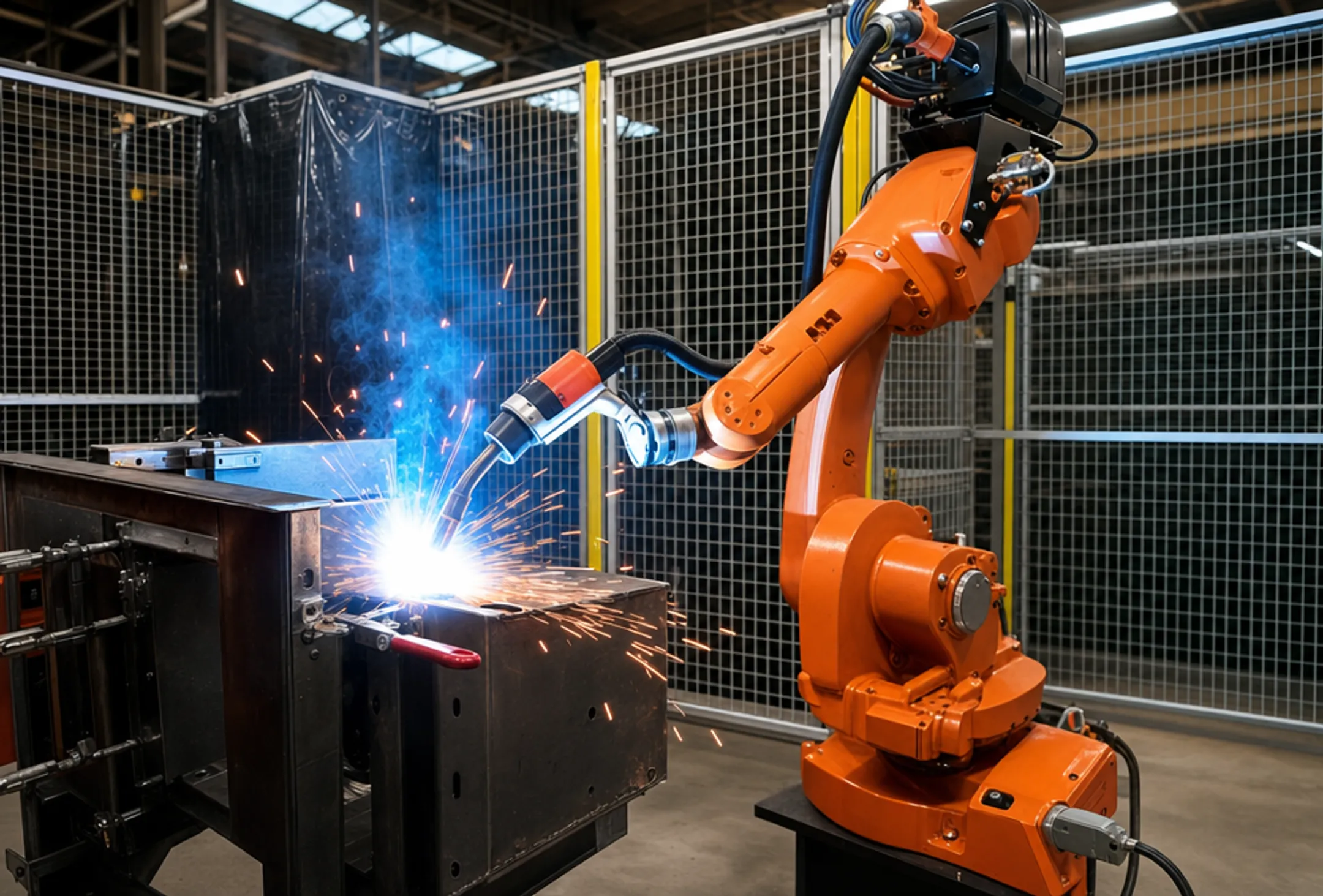 Industrial robotic arm performing MIG welding on metal workpiece