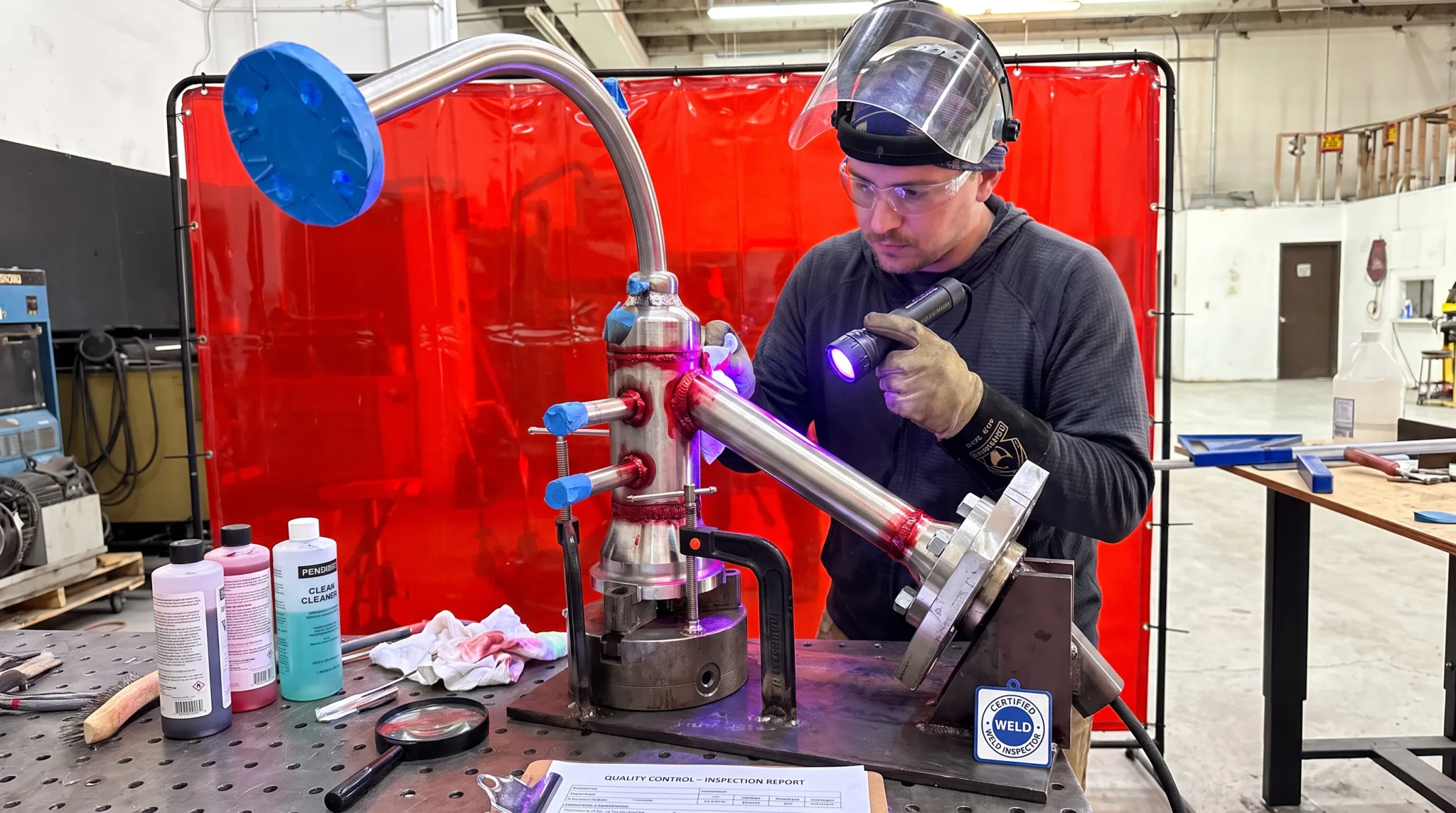 Certified welder performing dye penetrant testing on stainless steel piping