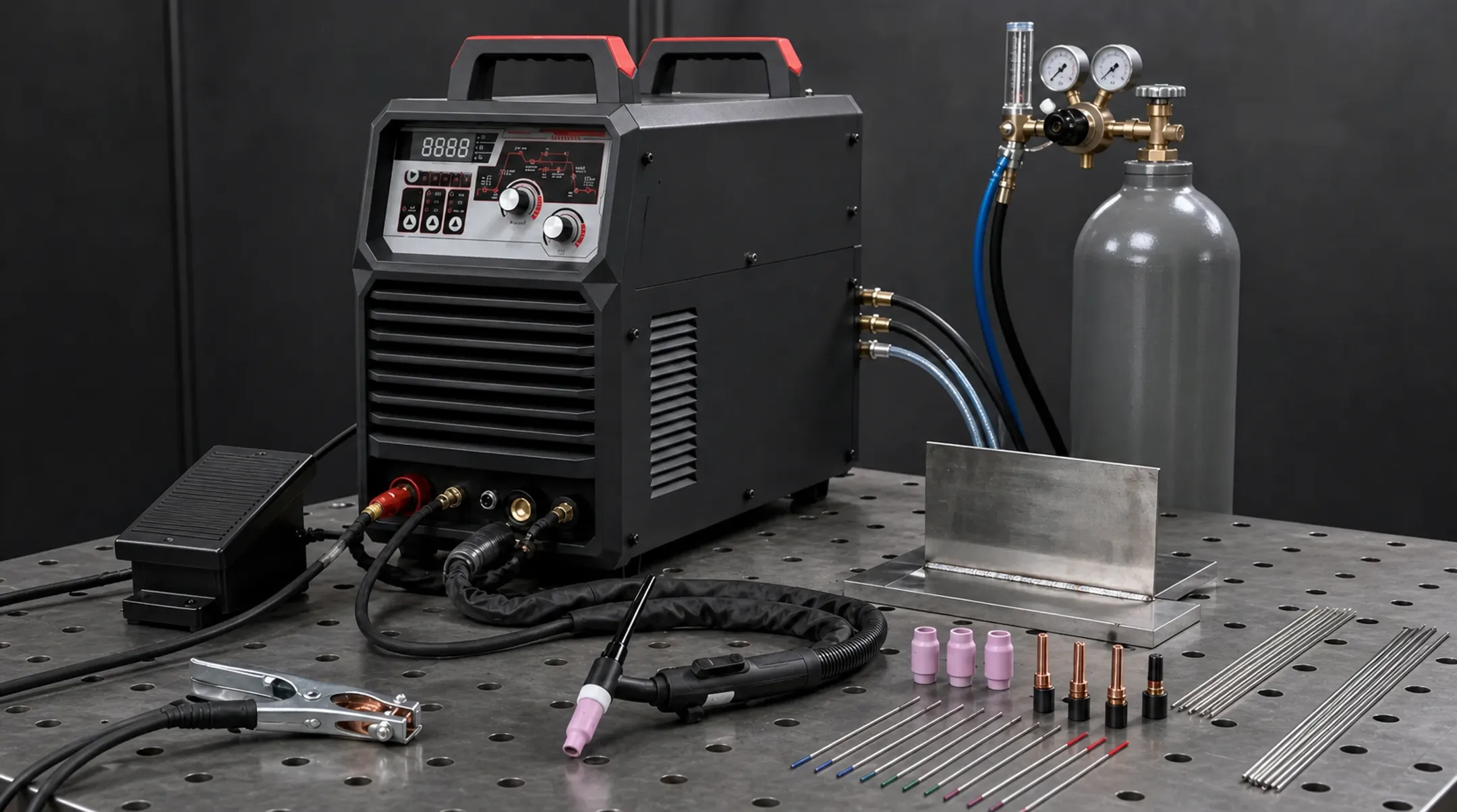 TIG welding equipment setup with tungsten electrode and filler rods