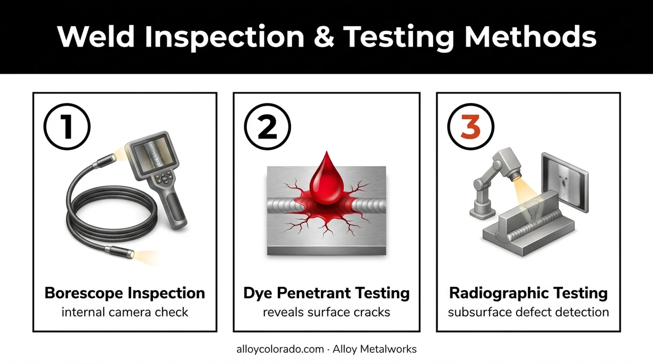 Three sanitary weld inspection methods borescope dye penetrant radiographic testing