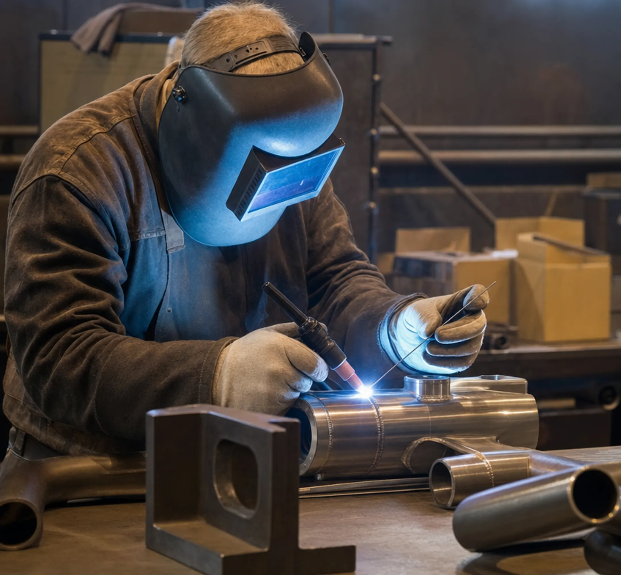 Certified welder performing precision manual welding on aerospace component