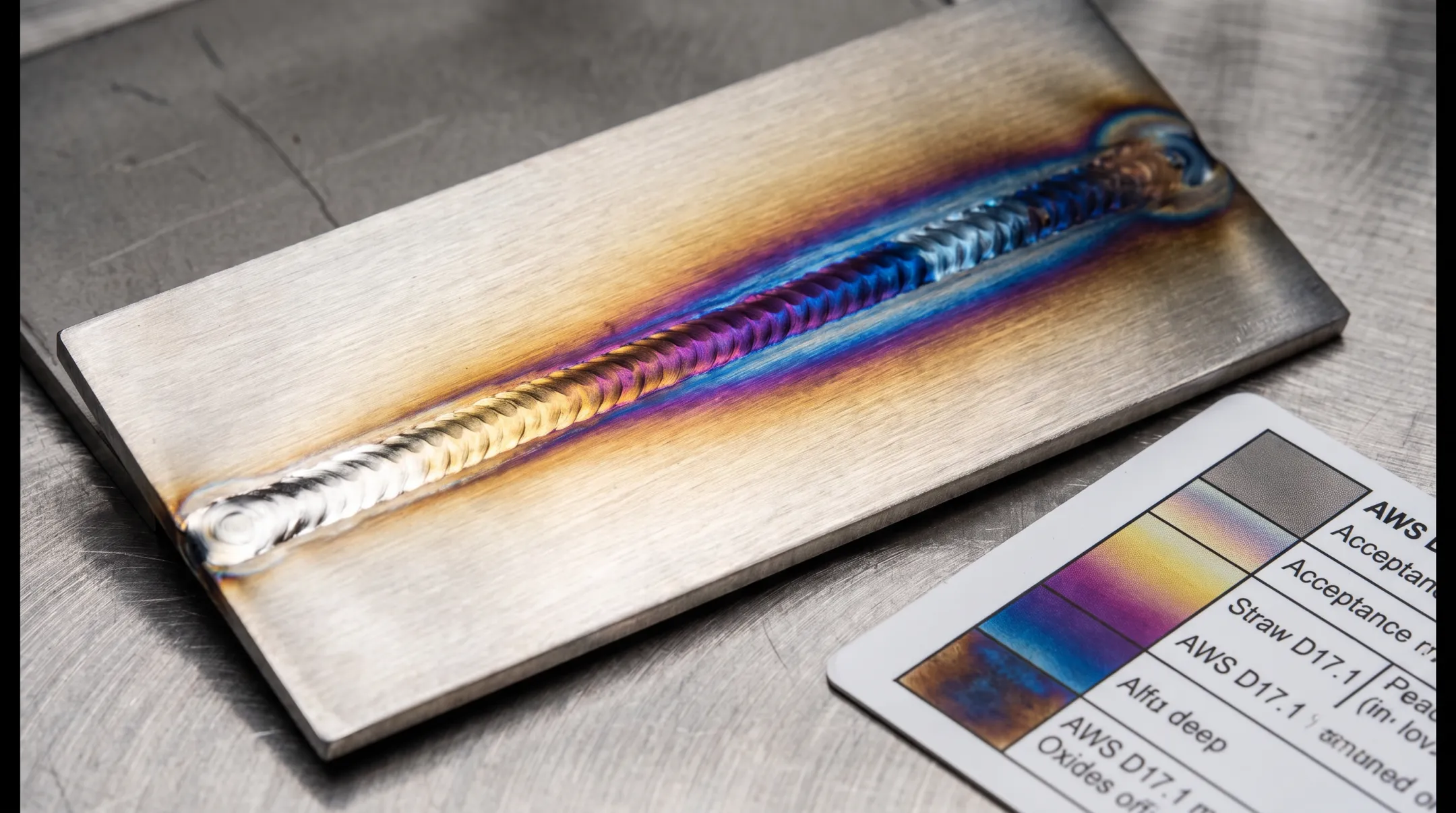 Titanium weld coupon inspection showing discoloration contamination indicators