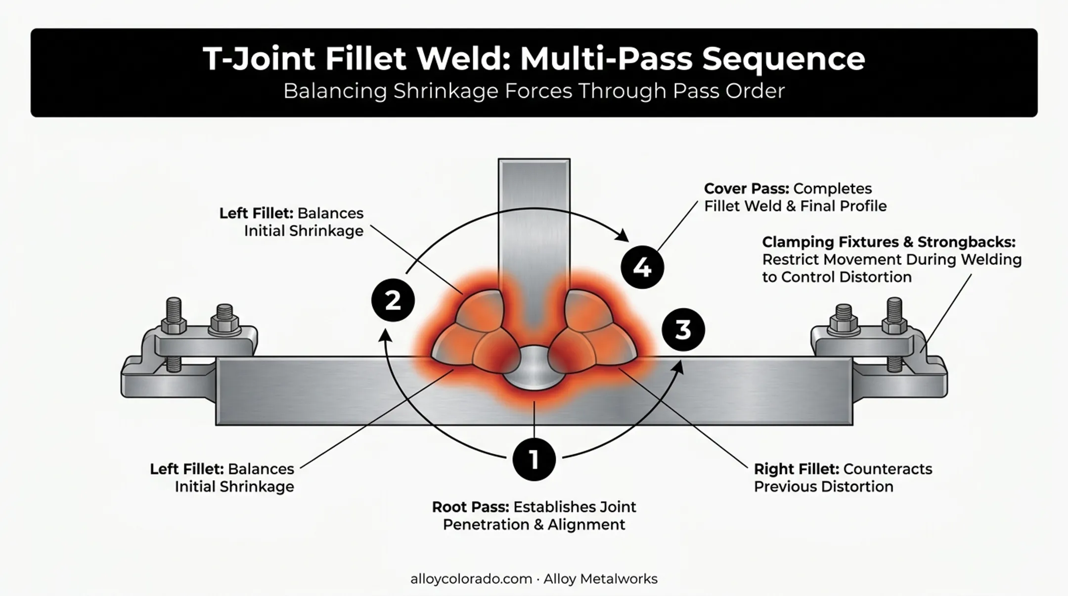 Multi-pass fillet welding sequence showing distortion control technique