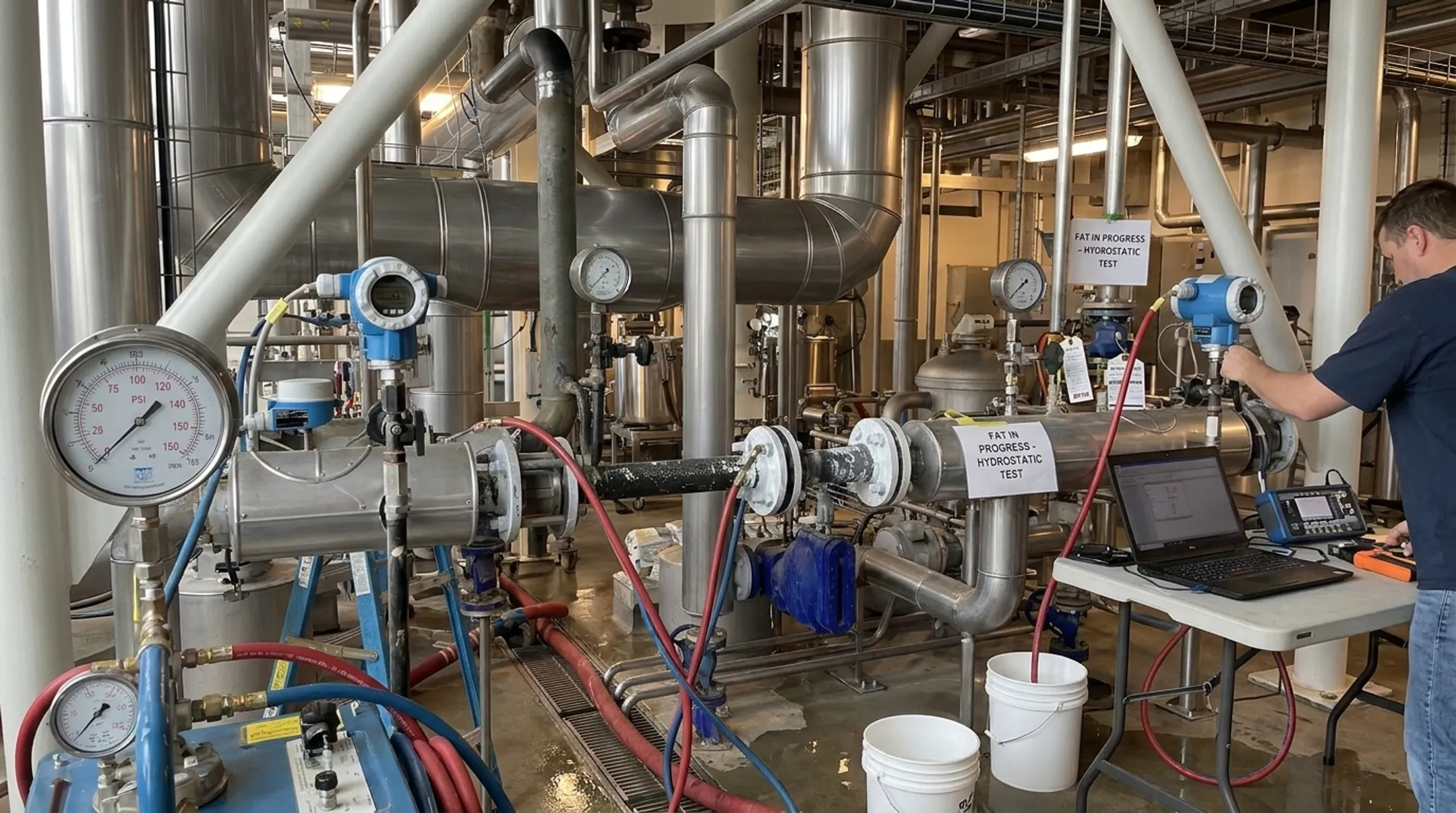 Factory Acceptance Testing setup verifying piping skid pressure and calibration