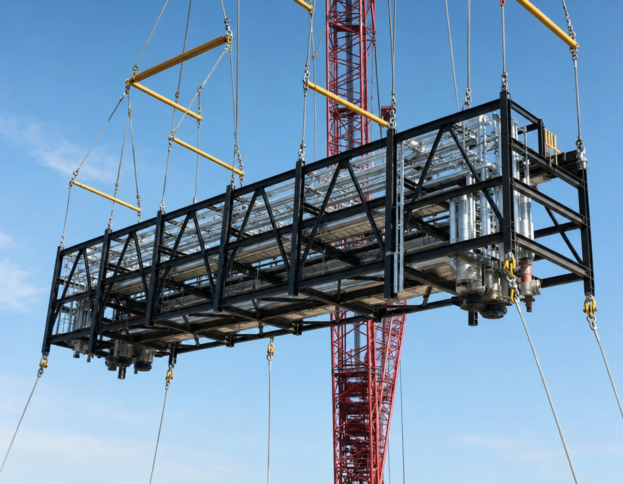 Industrial piping skid frame being lifted by crane at fabrication yard