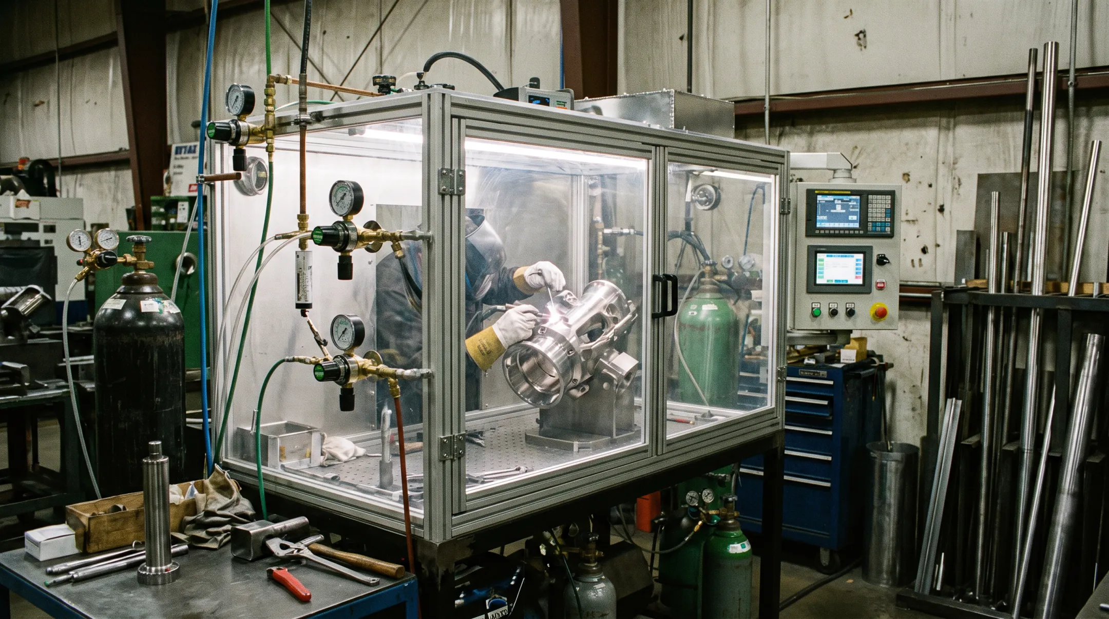 Custom inert gas purge chamber setup for titanium TIG welding