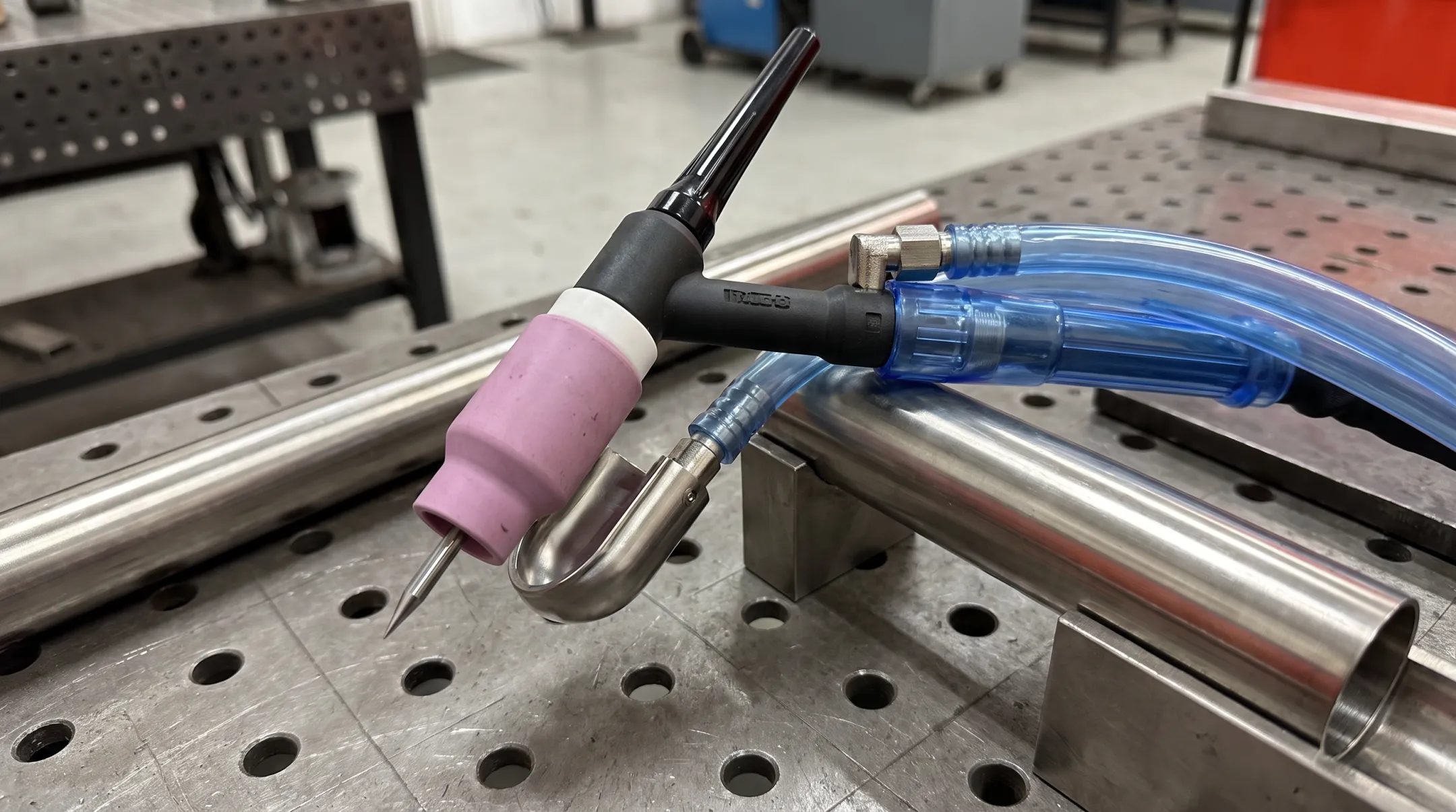 TIG welding setup with gas lens tungsten and nonporous shielding gas hose