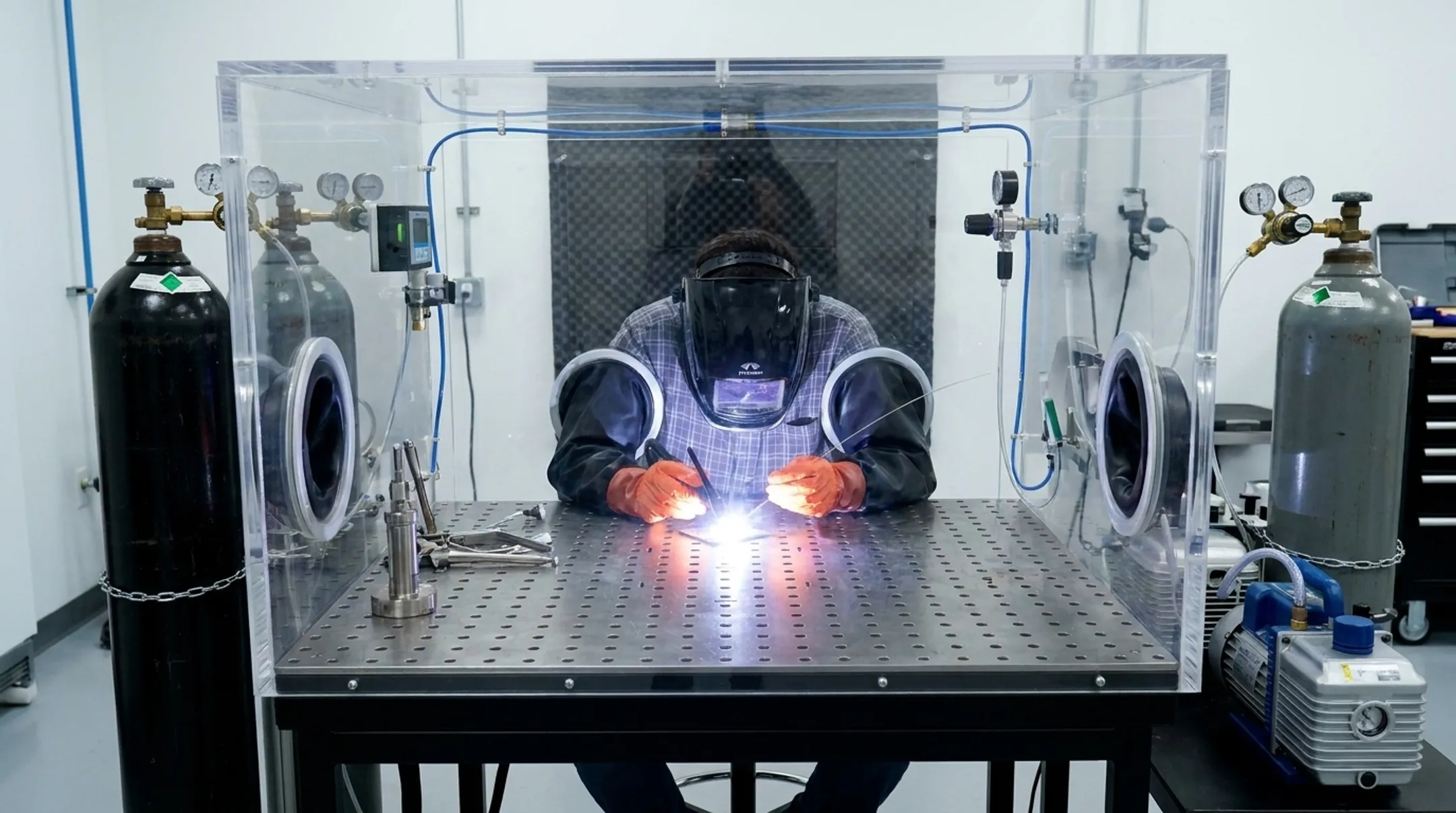 Technician welding titanium components inside inert gas purge chamber