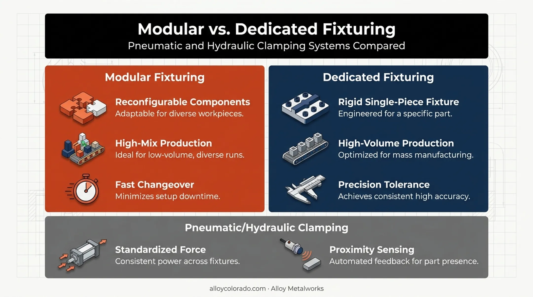 Modular versus dedicated welding fixture comparison chart with tradeoffs