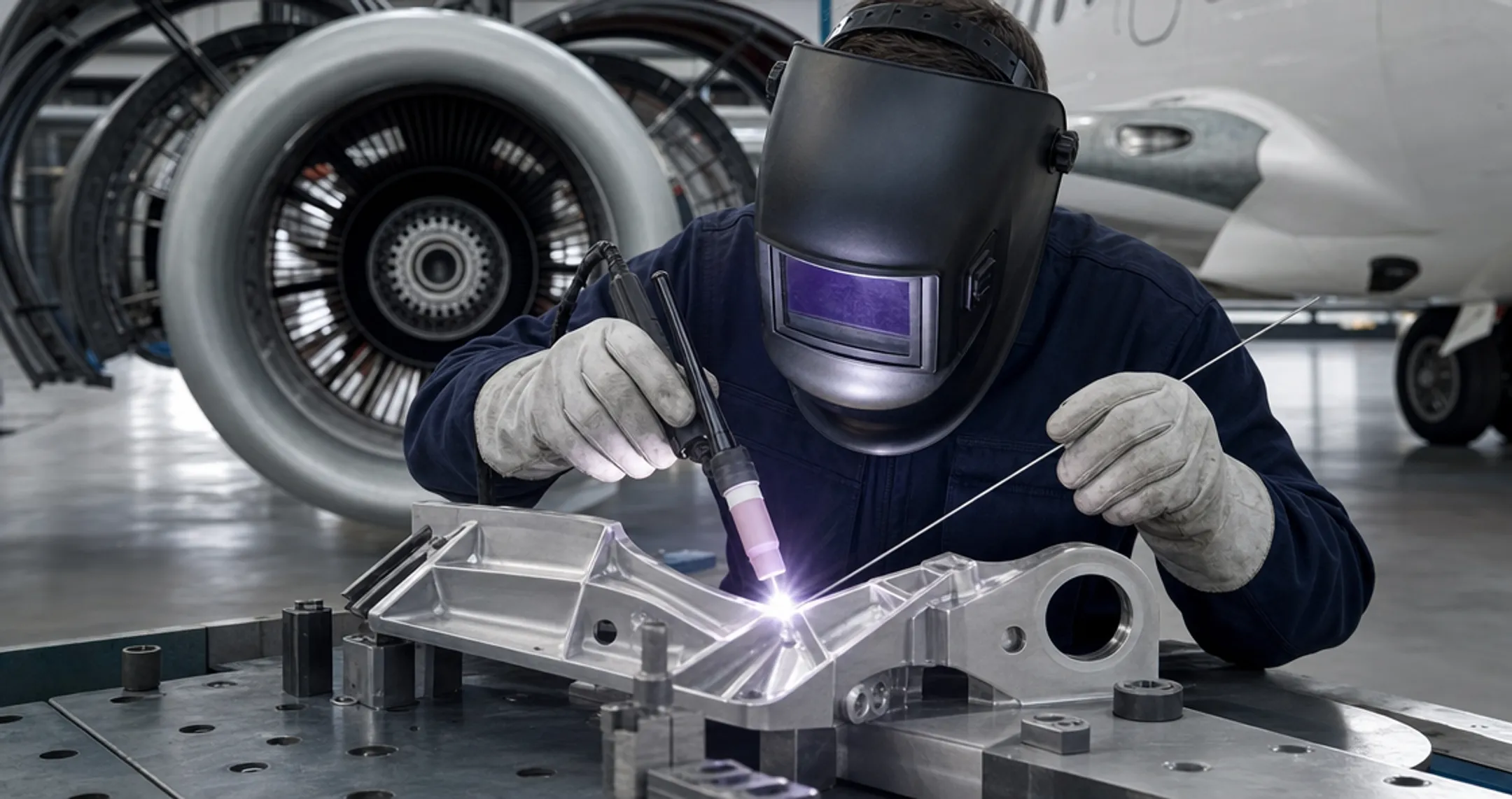 TIG welder working on aerospace-grade aluminum component with shielding gas