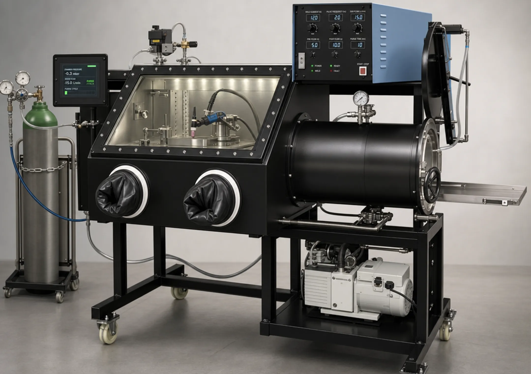 Titanium welding setup with inert gas purge chamber shielding
