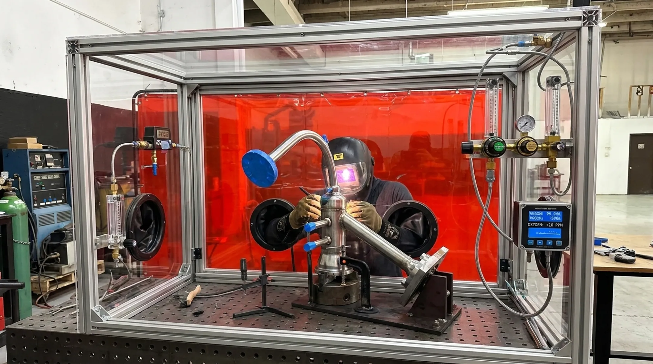 Technician welding titanium pressure vessel inside inert gas purge chamber