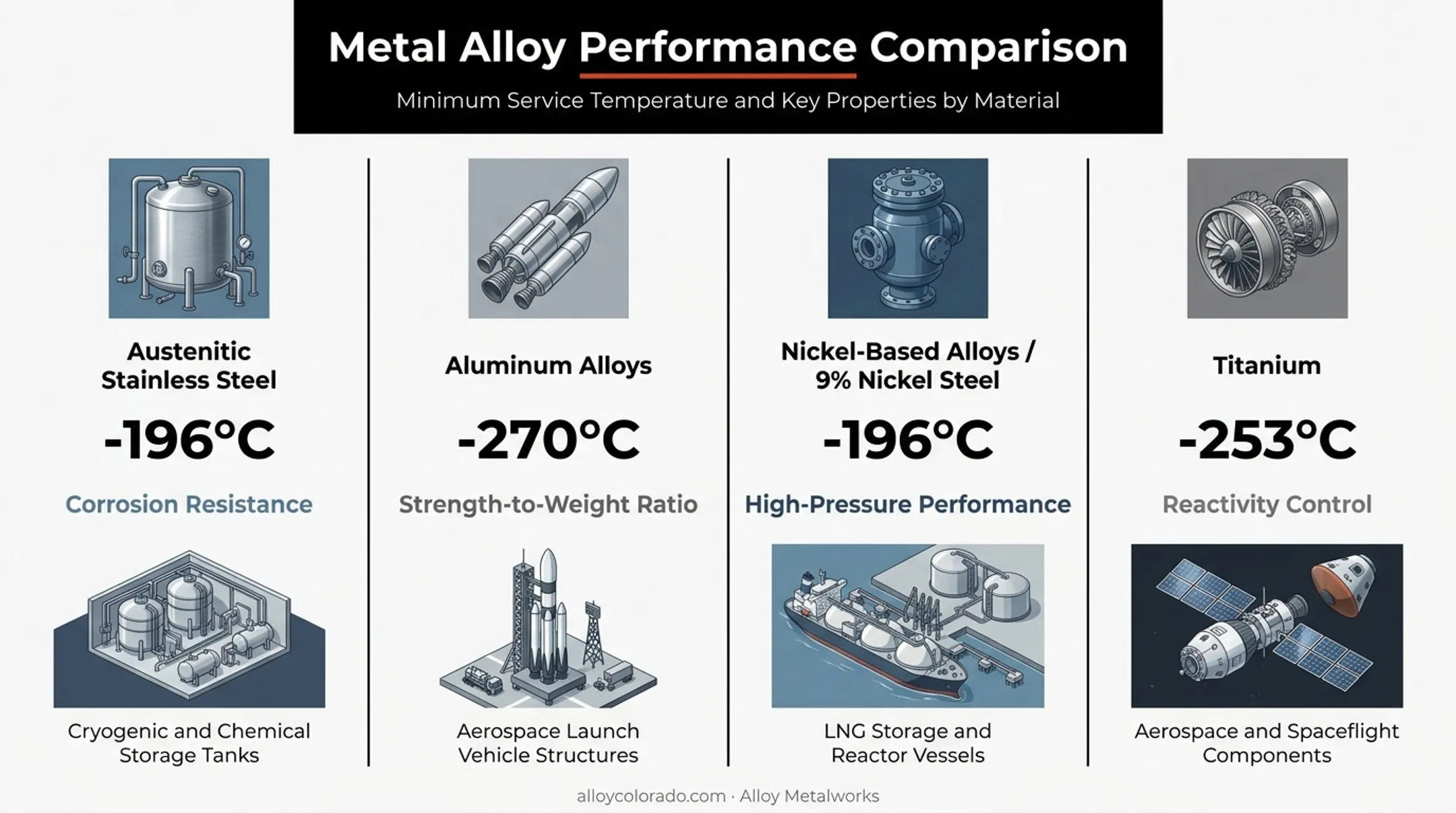 Four cryogenic base metals compared by toughness weight and application use