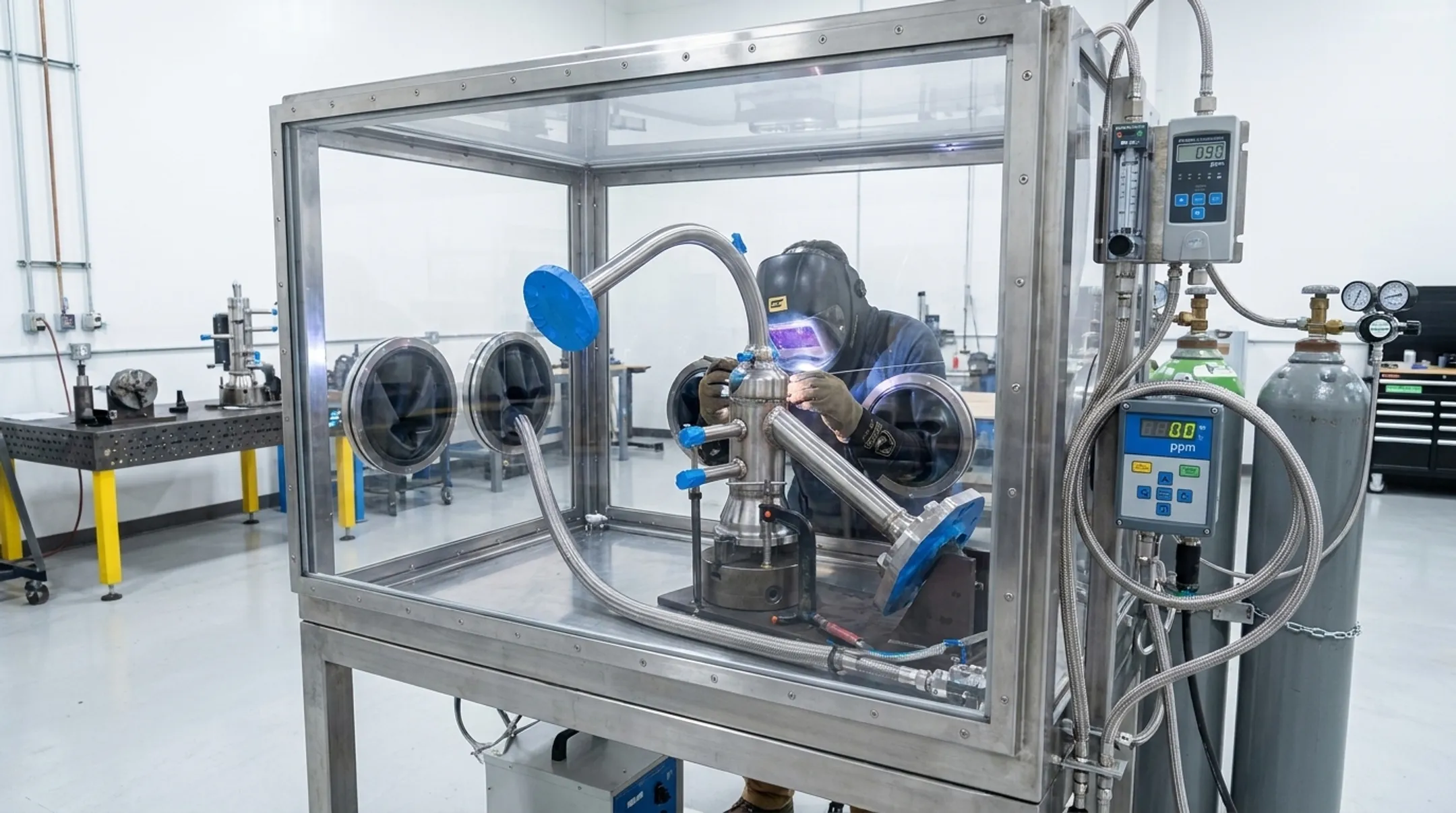 Custom inert gas chamber for titanium welding in oxygen-free environment