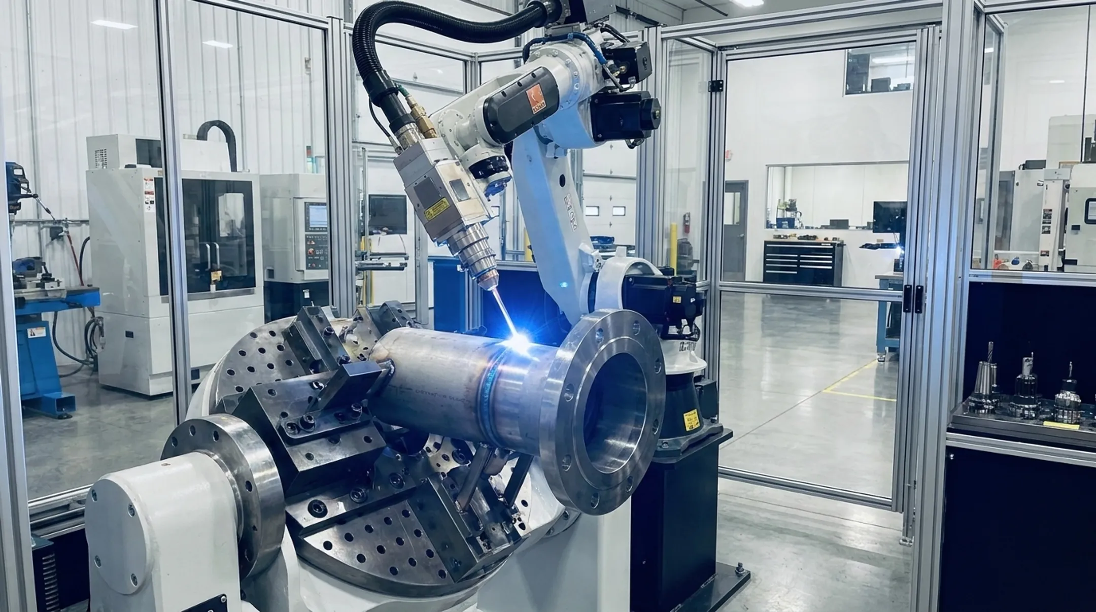 Automated robotic laser welding cell processing metal components on production line