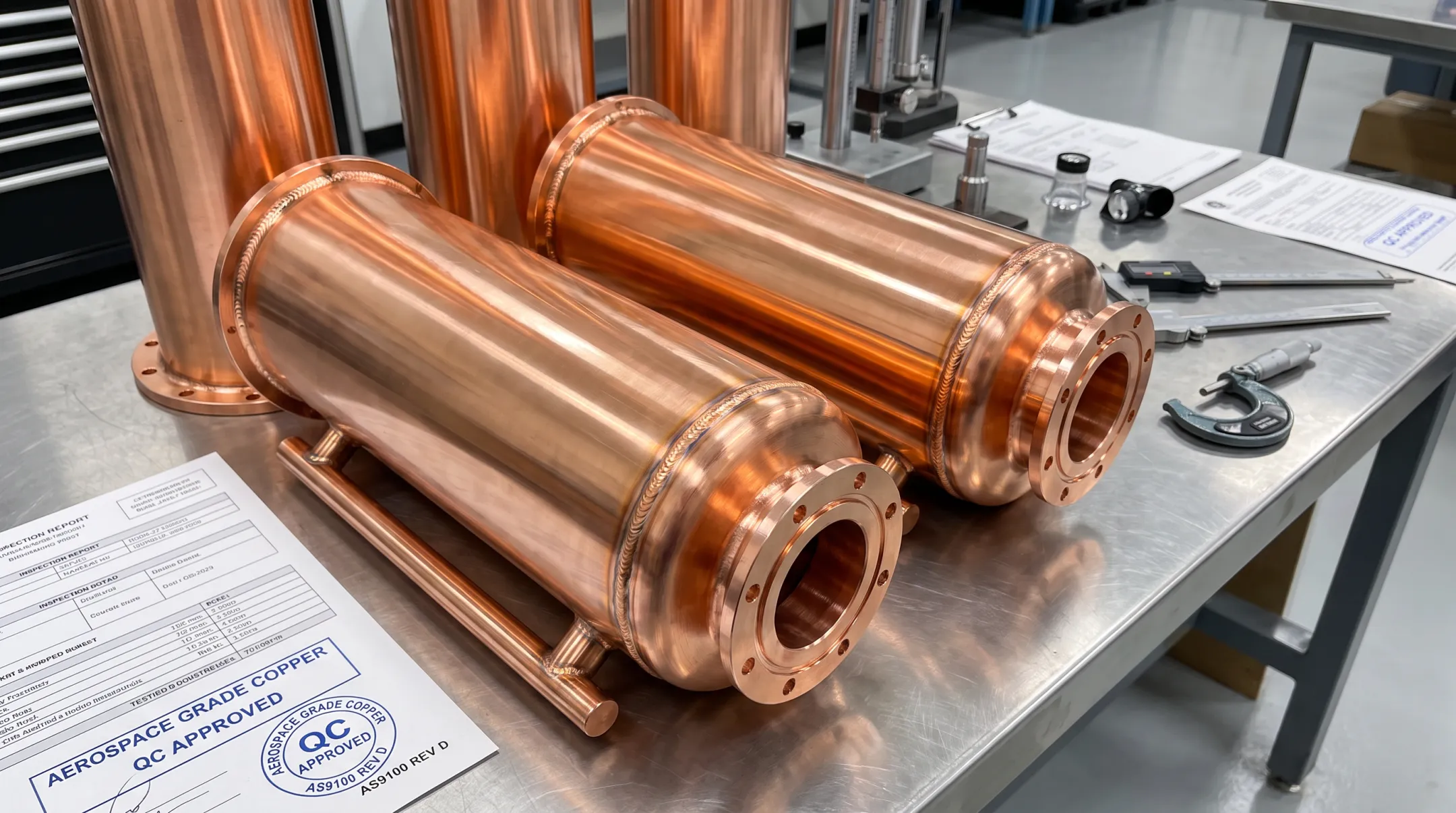 Aerospace copper components with certified welded joints on assembly line