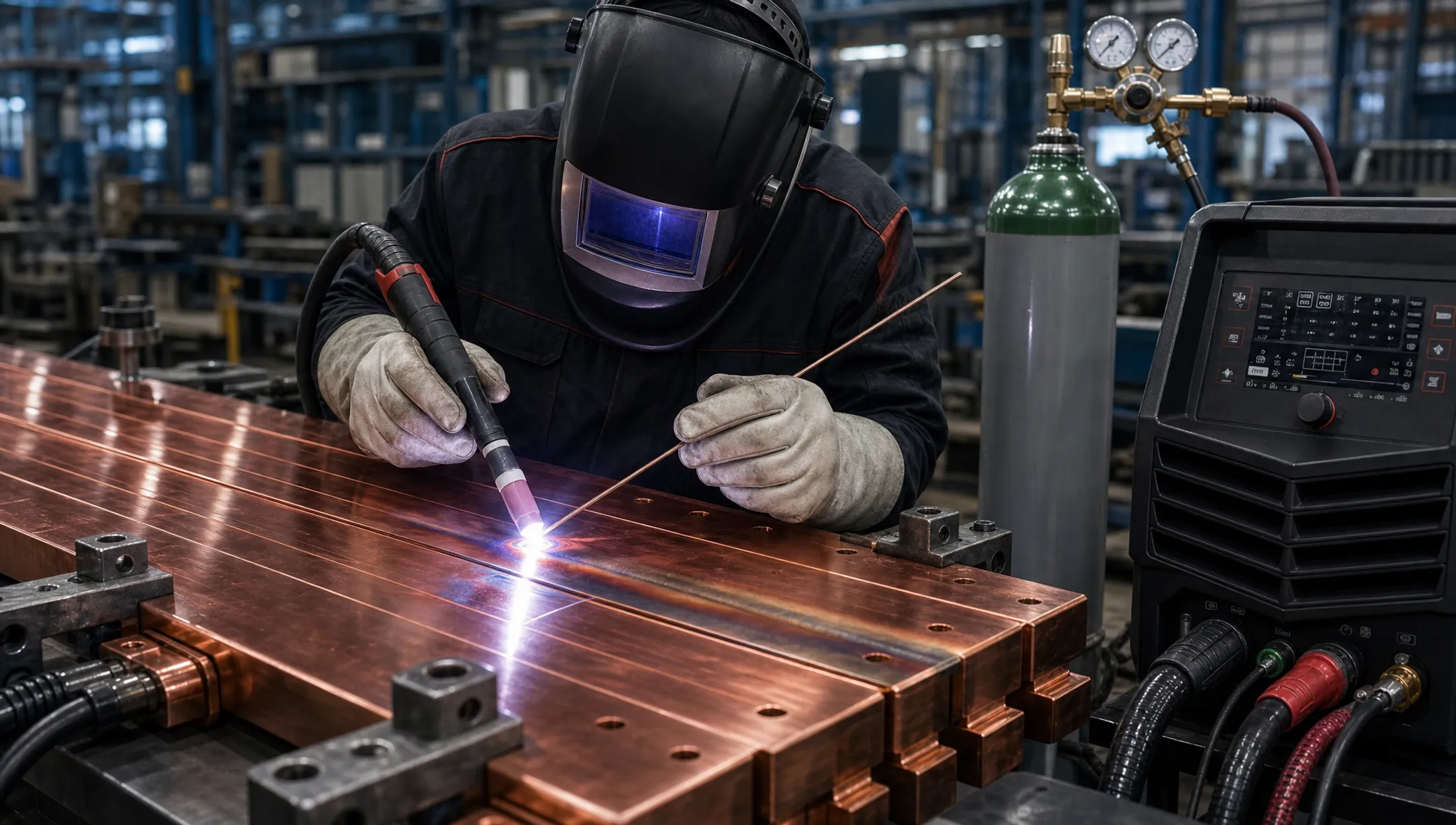 TIG welder joining copper pipe with argon shielding gas setup