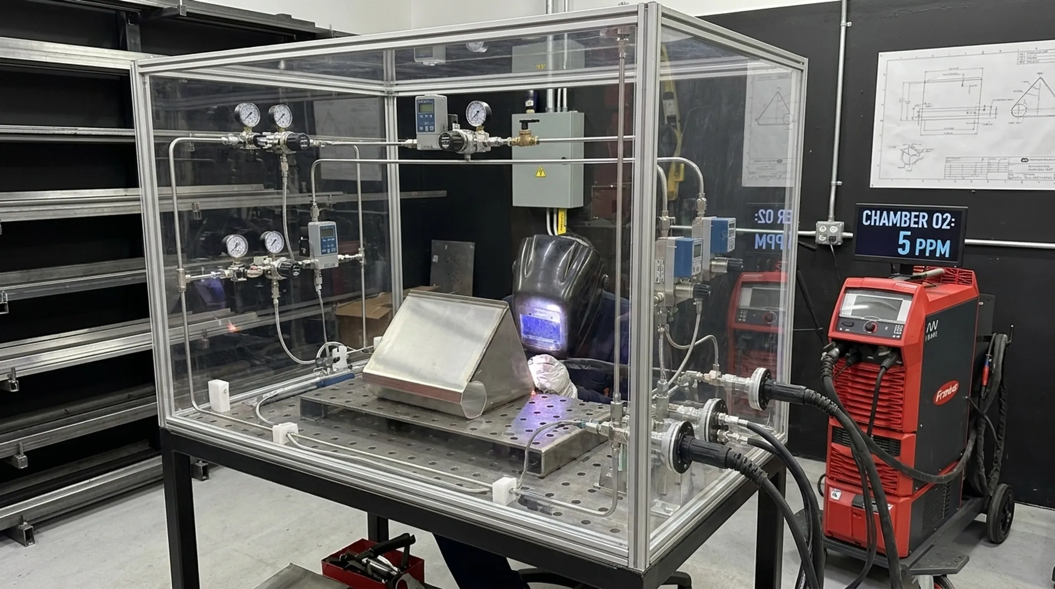 Custom inert gas chamber setup for titanium welding contamination control