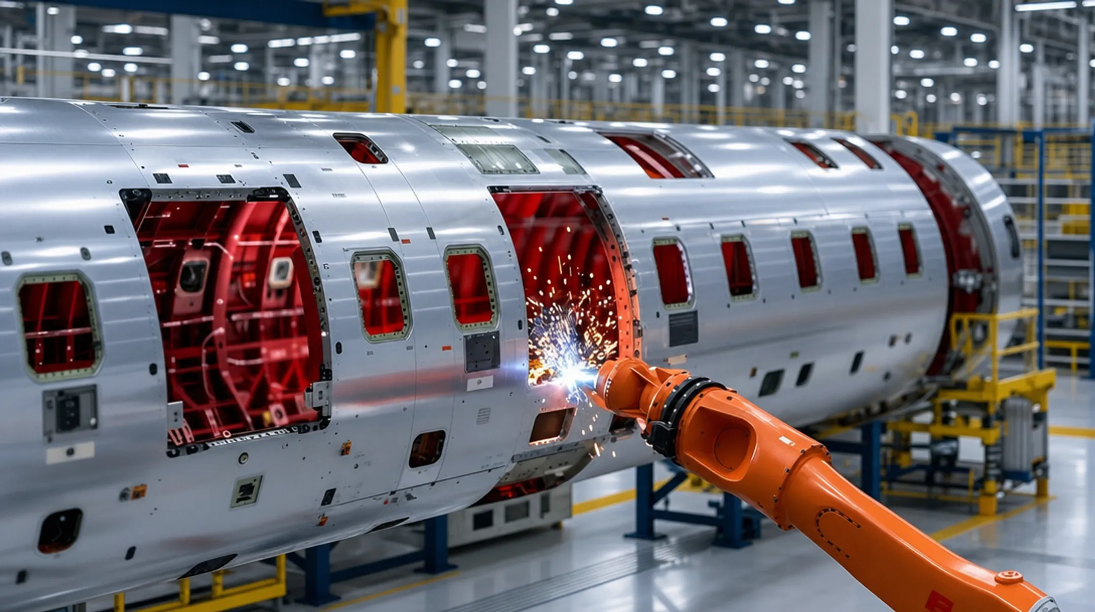Aerospace manufacturing facility with precision welding equipment in operation